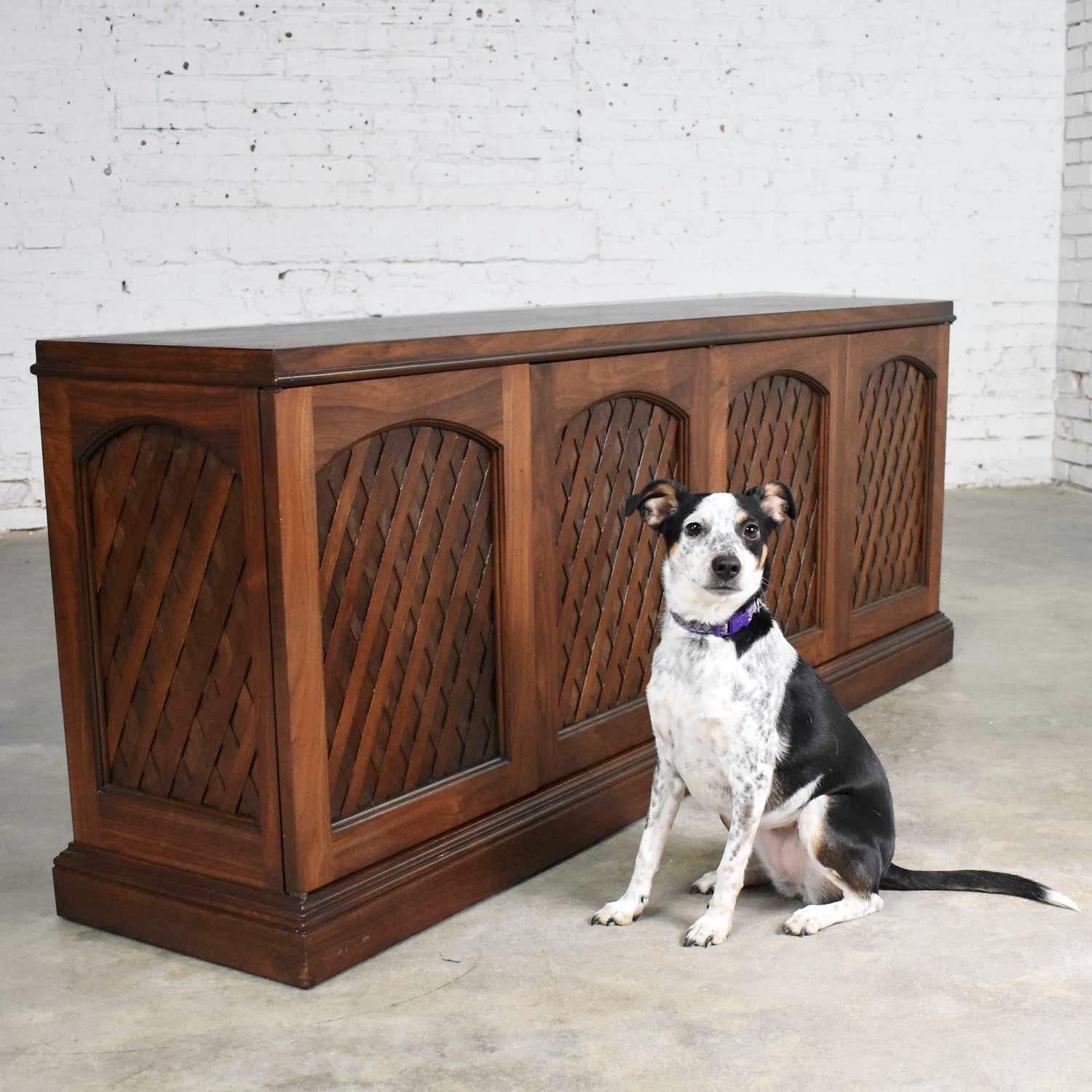 Hollywood Regency Midcentury Walnut Semi-Distressed Diamond Lattice Credenza Shallow Depth