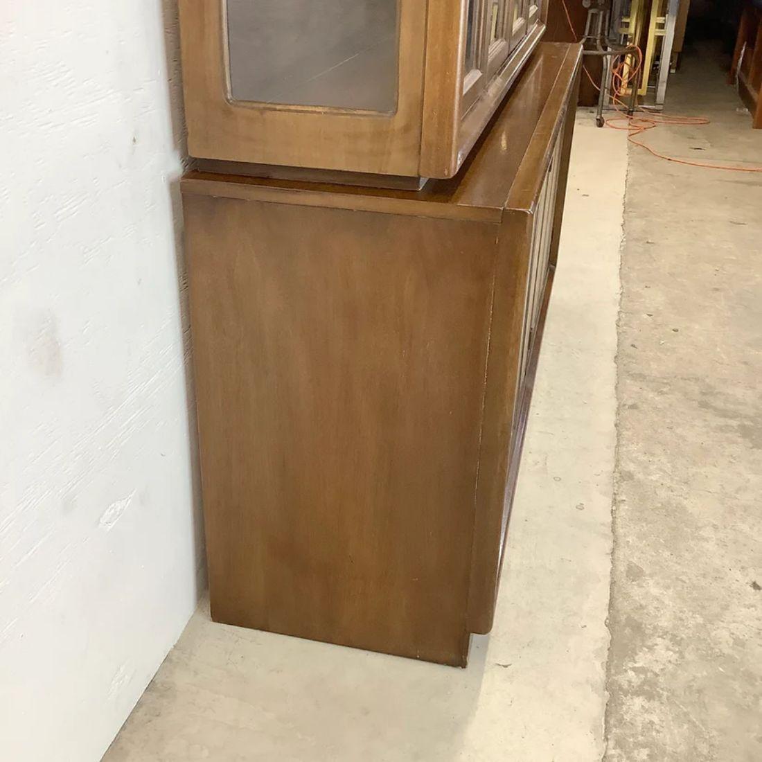 Glass Midcentury Walnut Sideboard with China Cabinet Topper