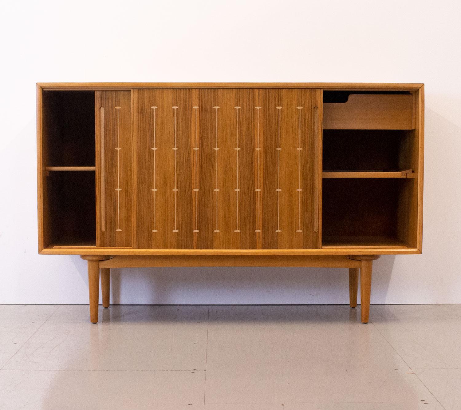 British Mid Century Walnut Sideboard with Routed Pattern by Heals, 1950s