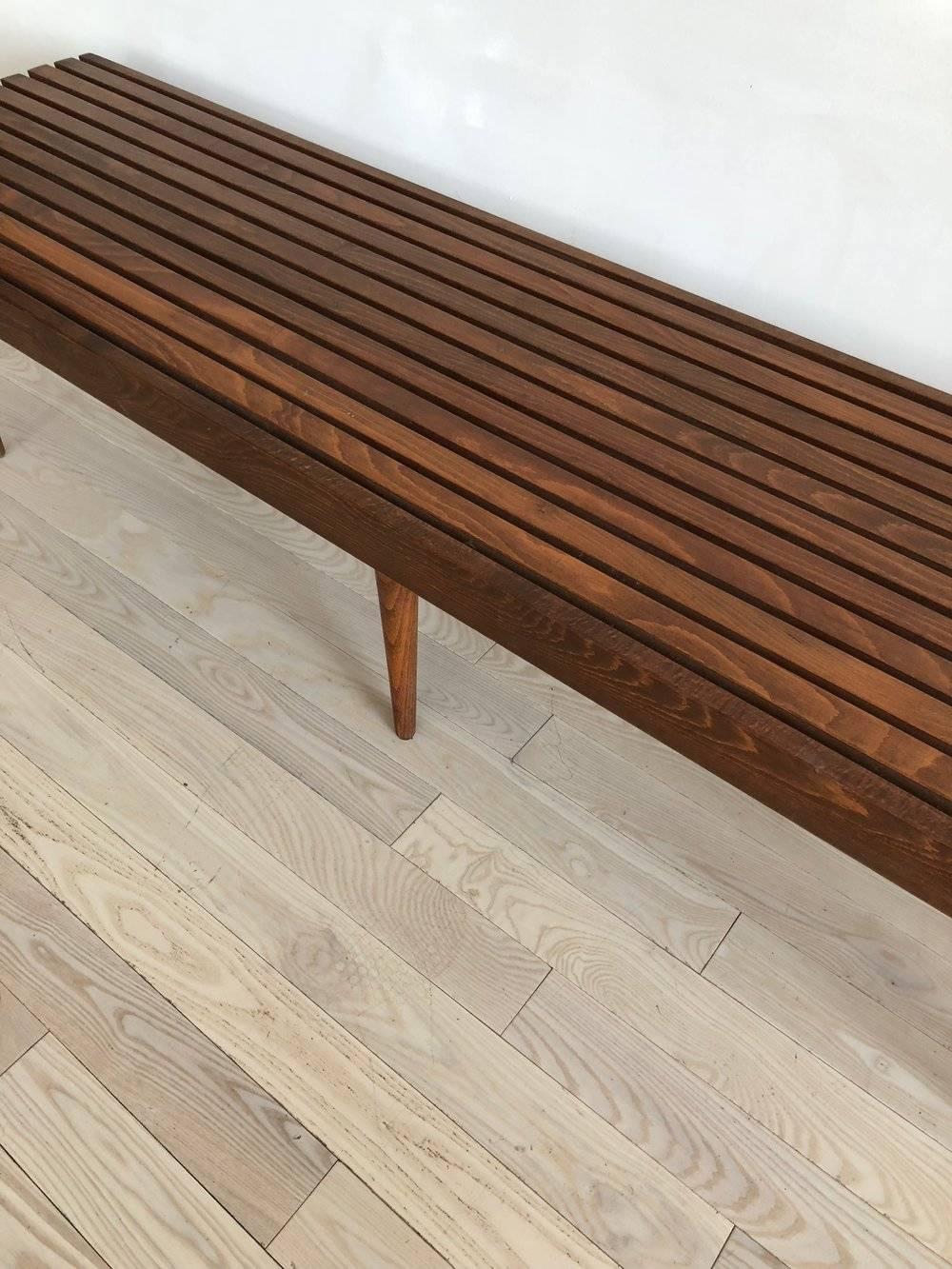 Midcentury Walnut Slat Bench or Coffee Table with Peg Legs In Excellent Condition In Brooklyn, NY