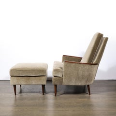 Mid-Century Walnut & Smoked Taupe Mohair Curved Arm Lounge Chair & Ottoman