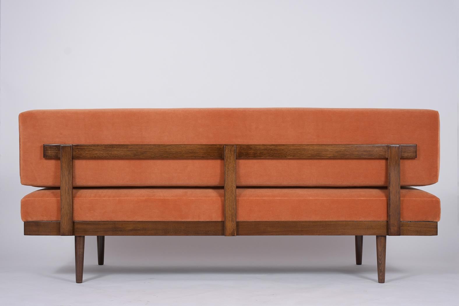 Fabric Mid Century Modern Upholstered Walnut Sofa