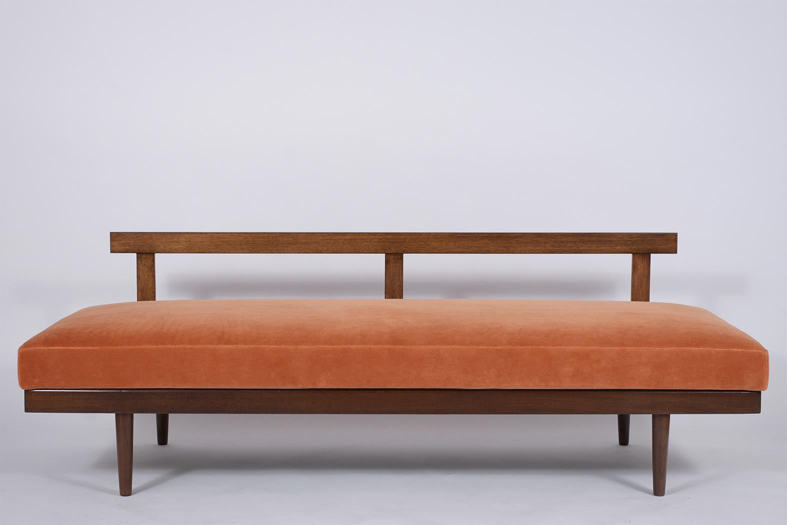 Carved Mid Century Modern Upholstered Walnut Sofa
