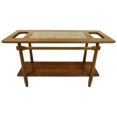 Used Midcentury Walnut Sofa Table with Ceramic Tile Inlay