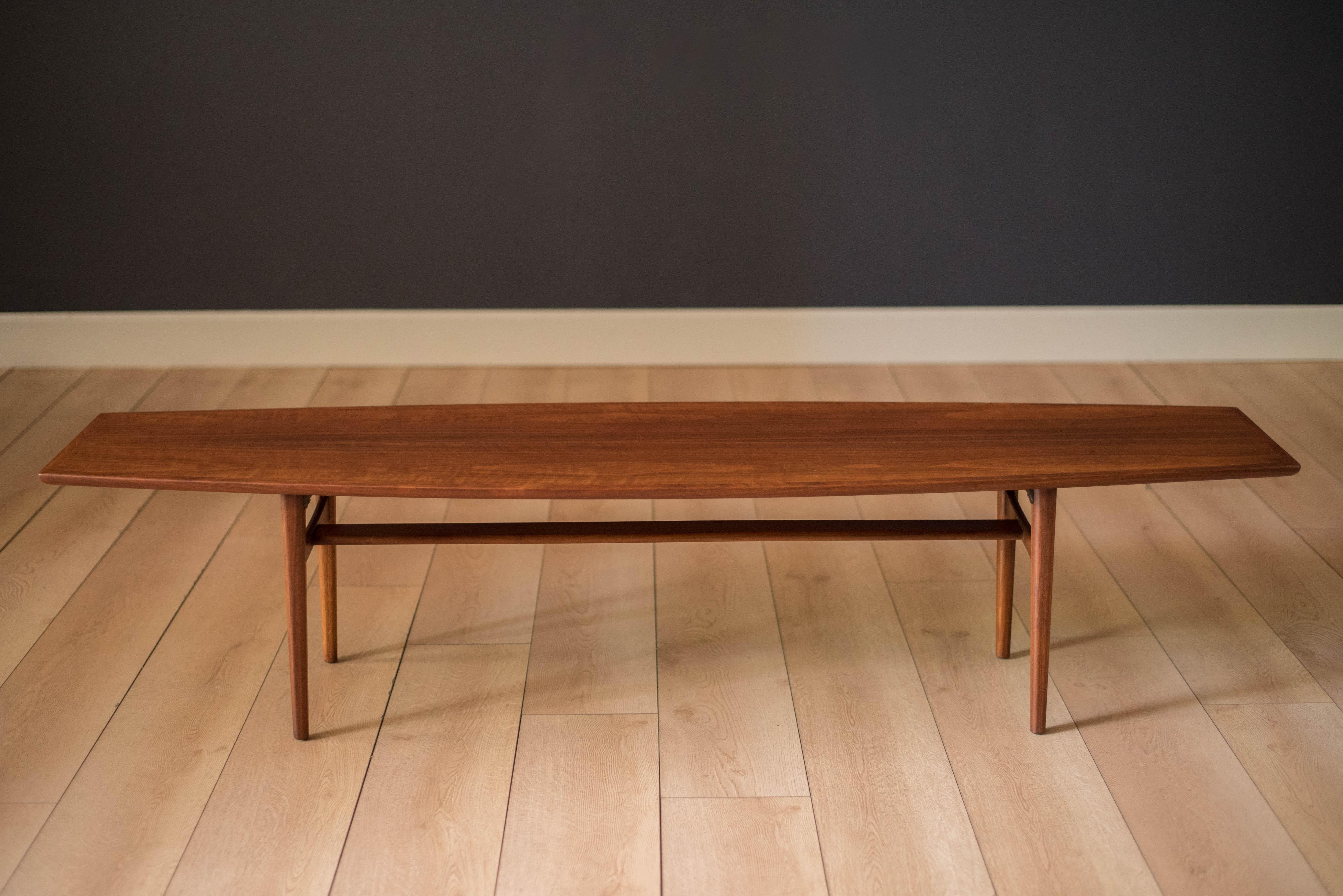 Vintage Scandia coffee table for Carlin, circa 1960s. This piece features a long walnut grain surfboard shaped top supported by a sturdy contoured base with tapered legs.



Offered by Mid Century Maddist
