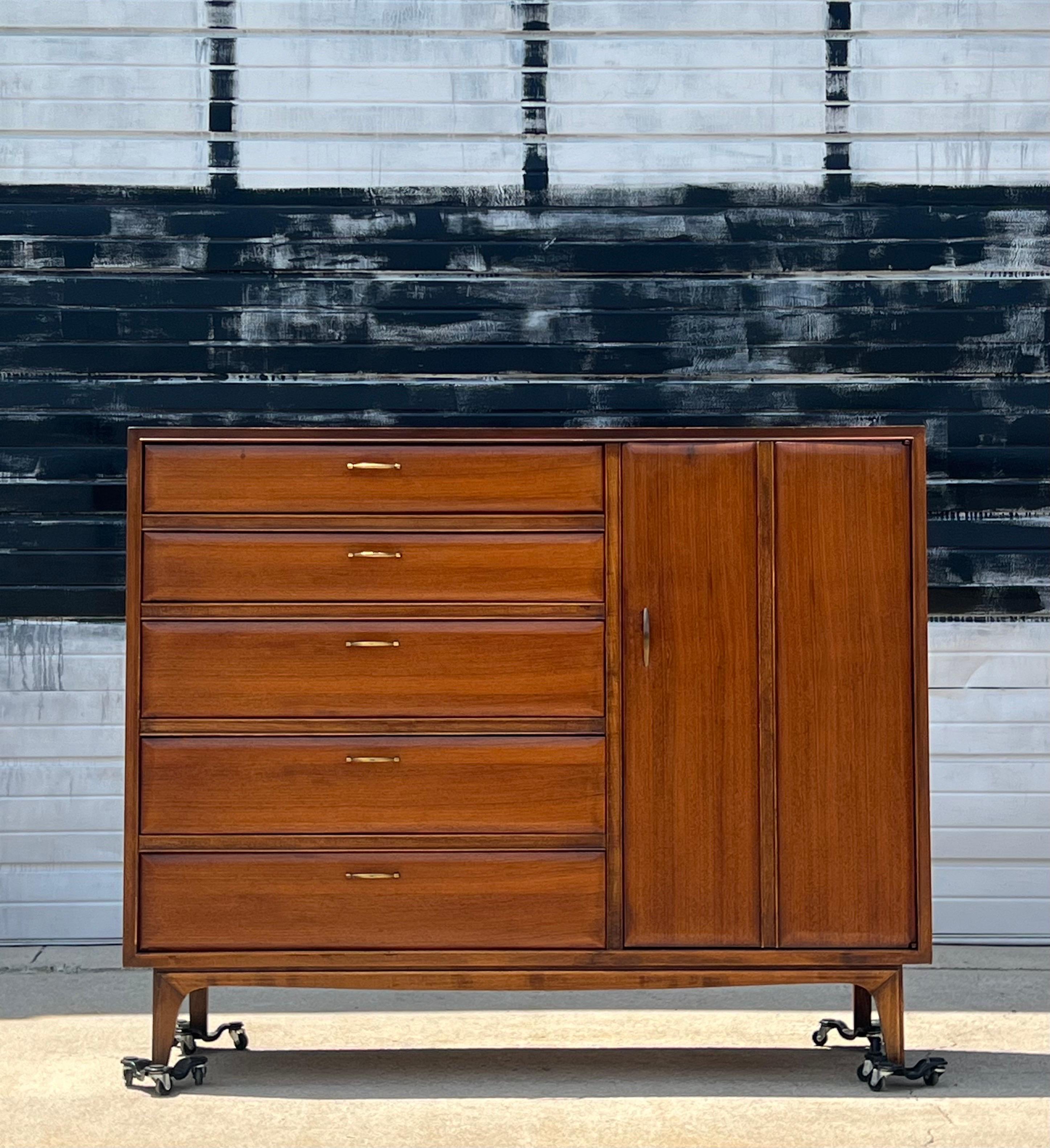Mid-century tall chest of drawers designed by Lane Manufacturing, circa 1960s. Made from warm walnut wood with excellent craftsmanship. This large-scale piece features five drawers aligning the left-hand side. Each drawer is framed by a raised