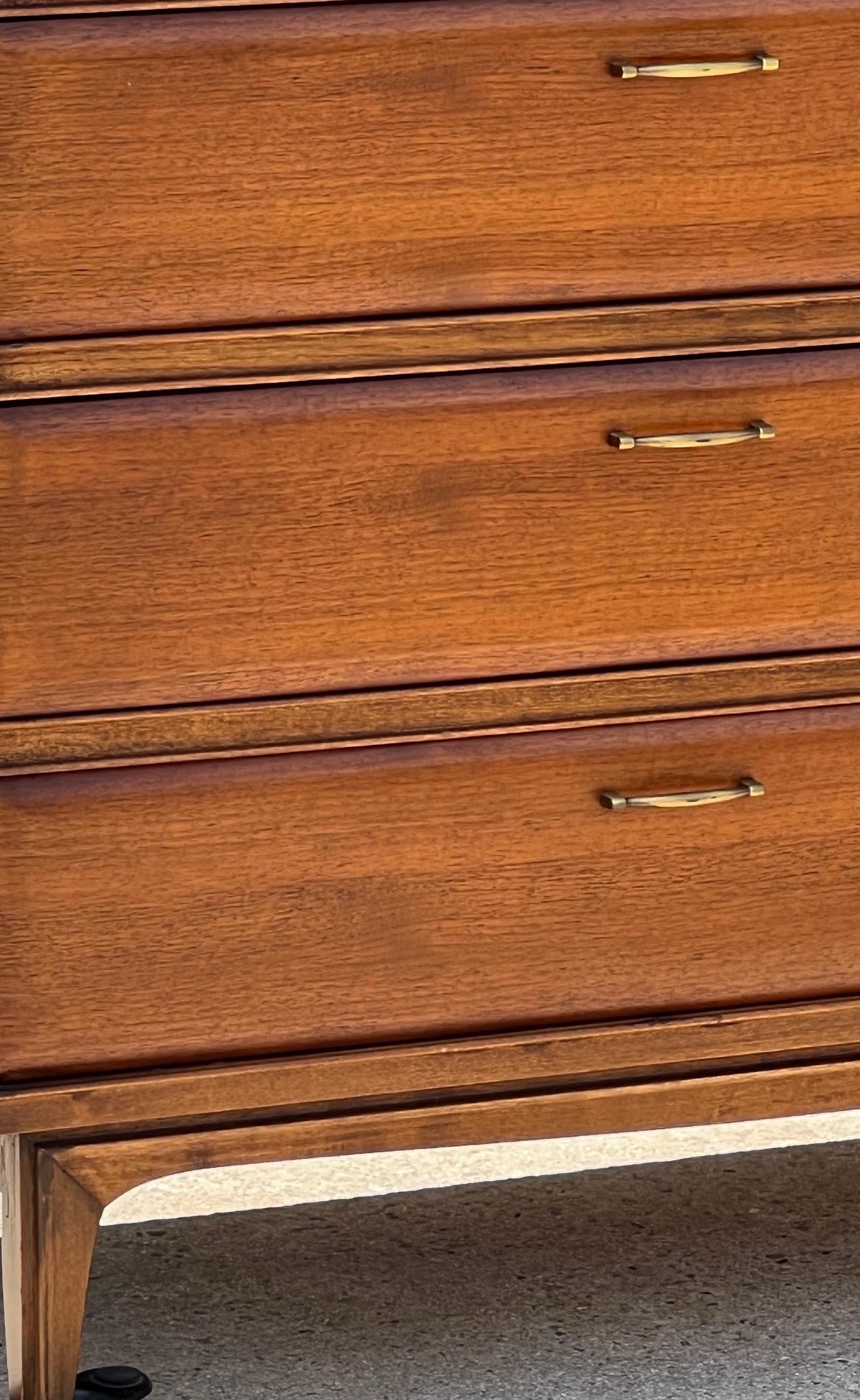 Brass Mid-Century Walnut Tall Boy by Lane Furniture For Sale