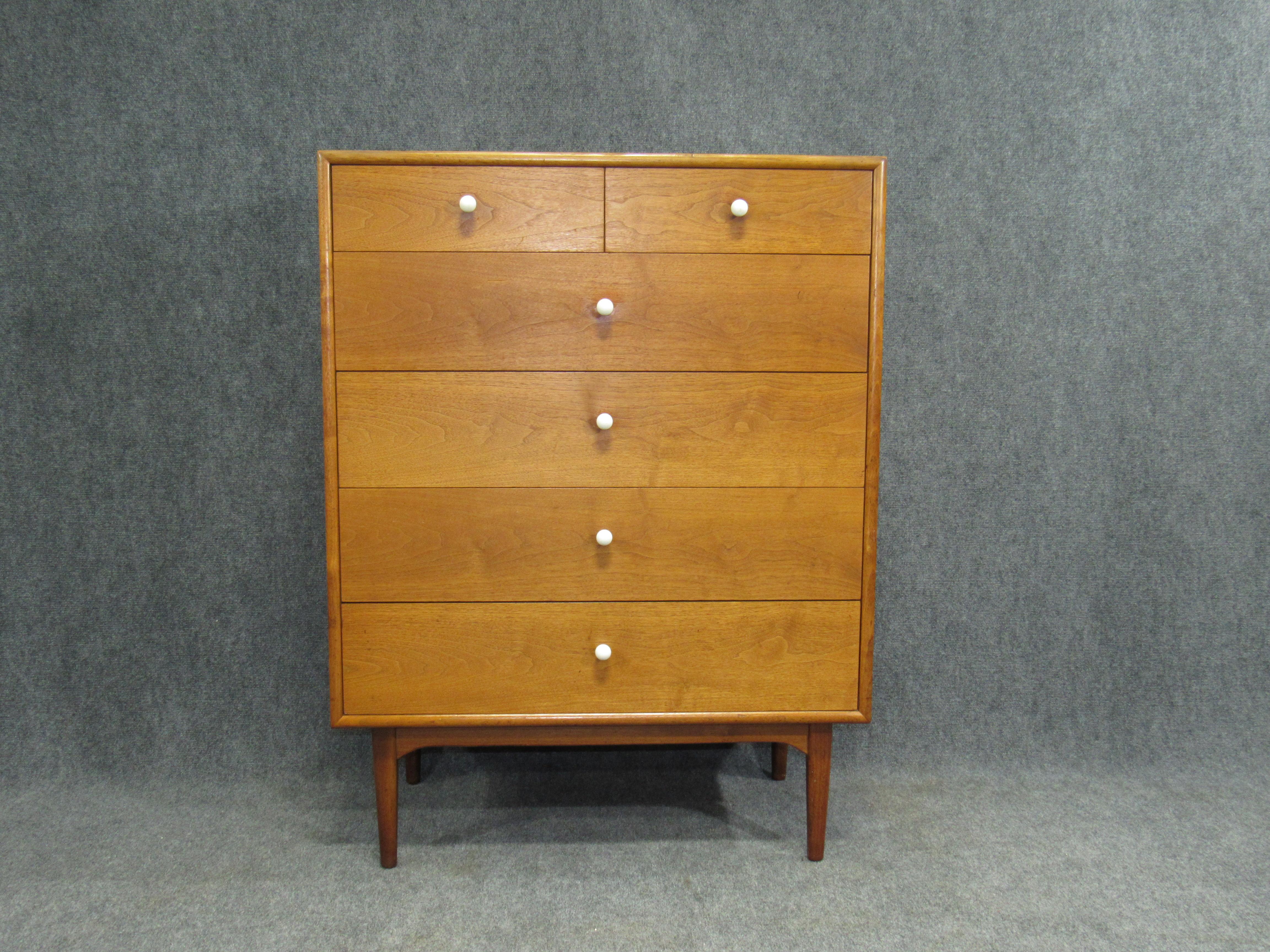 Midcentury walnut tall chest of drawers by Kipp Stewart for Drexel. Excellent professionally restored vintage condition.