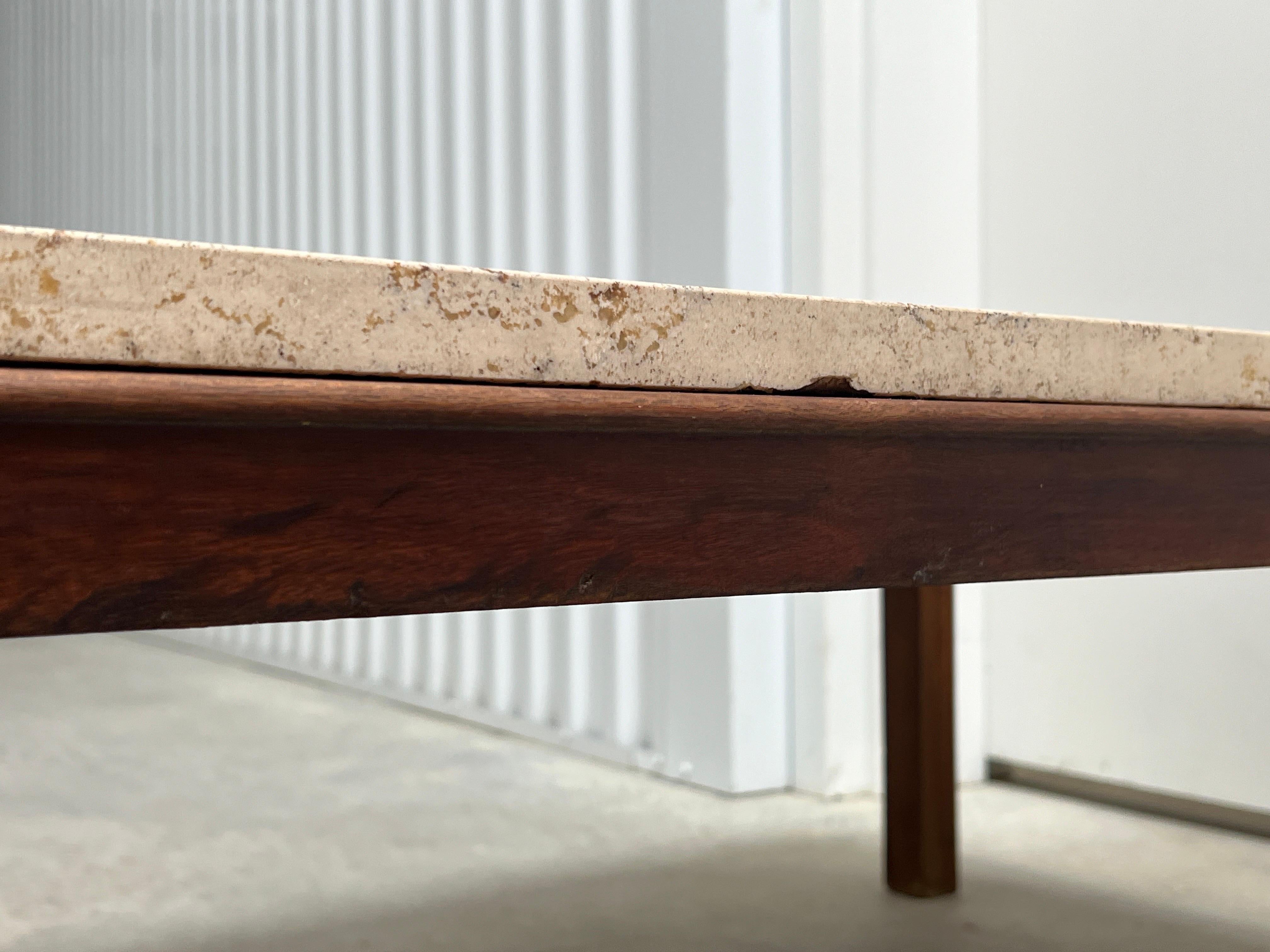 Mid Century Walnut Travertine Coffee Table 5