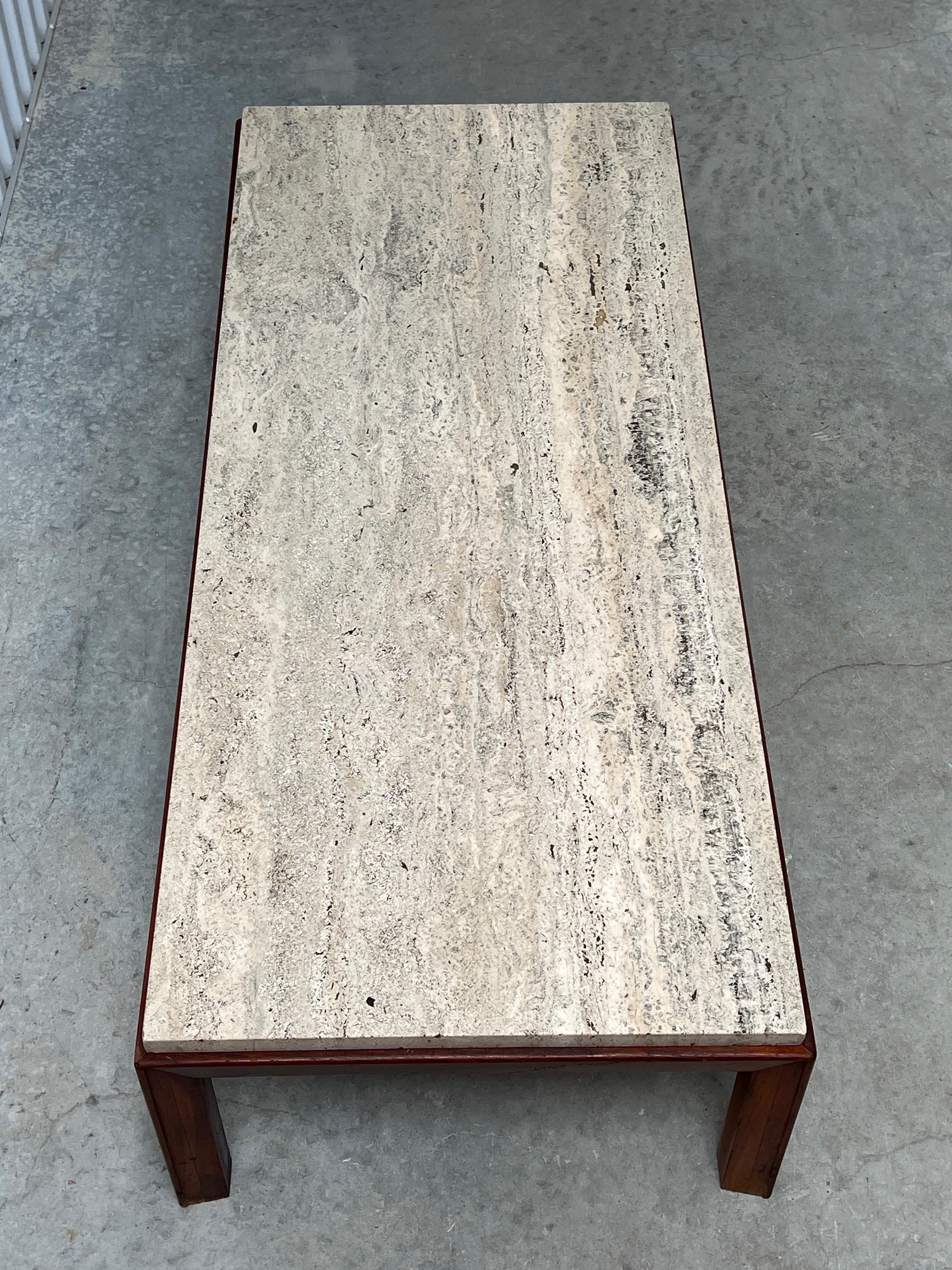 Unknown Mid Century Walnut Travertine Coffee Table