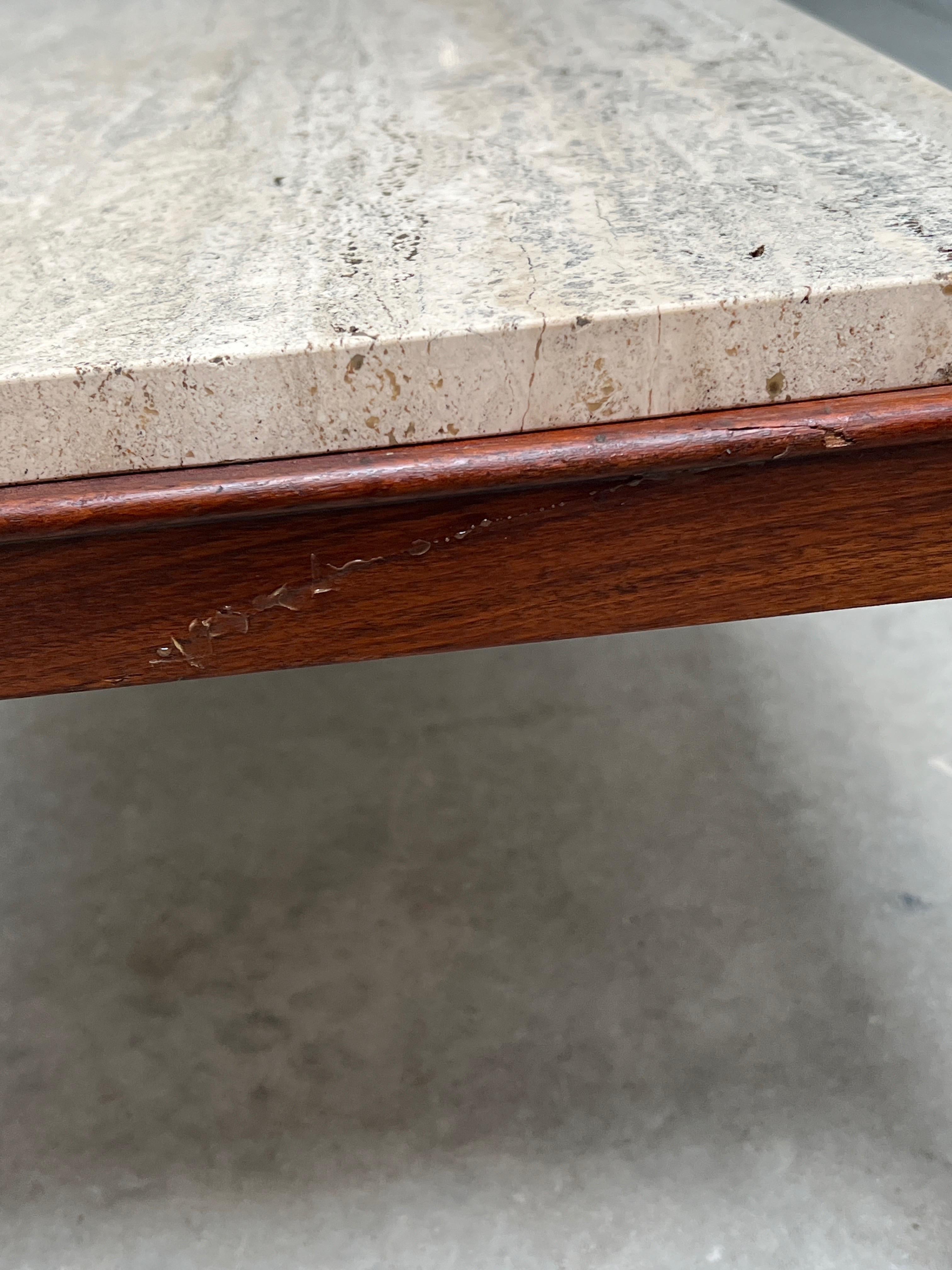 Mid Century Walnut Travertine Coffee Table In Good Condition In Esperance, NY
