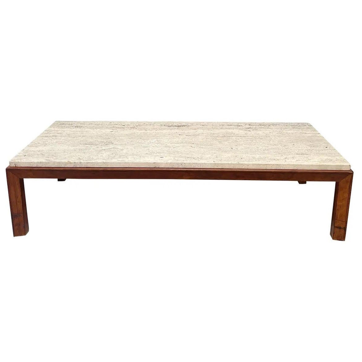 Mid Century Walnut Travertine Coffee Table