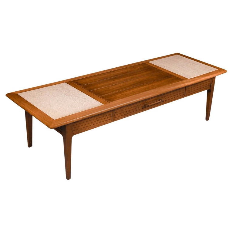 MidCentury Walnut Travertine Coffee Table For Sale at 1stDibs