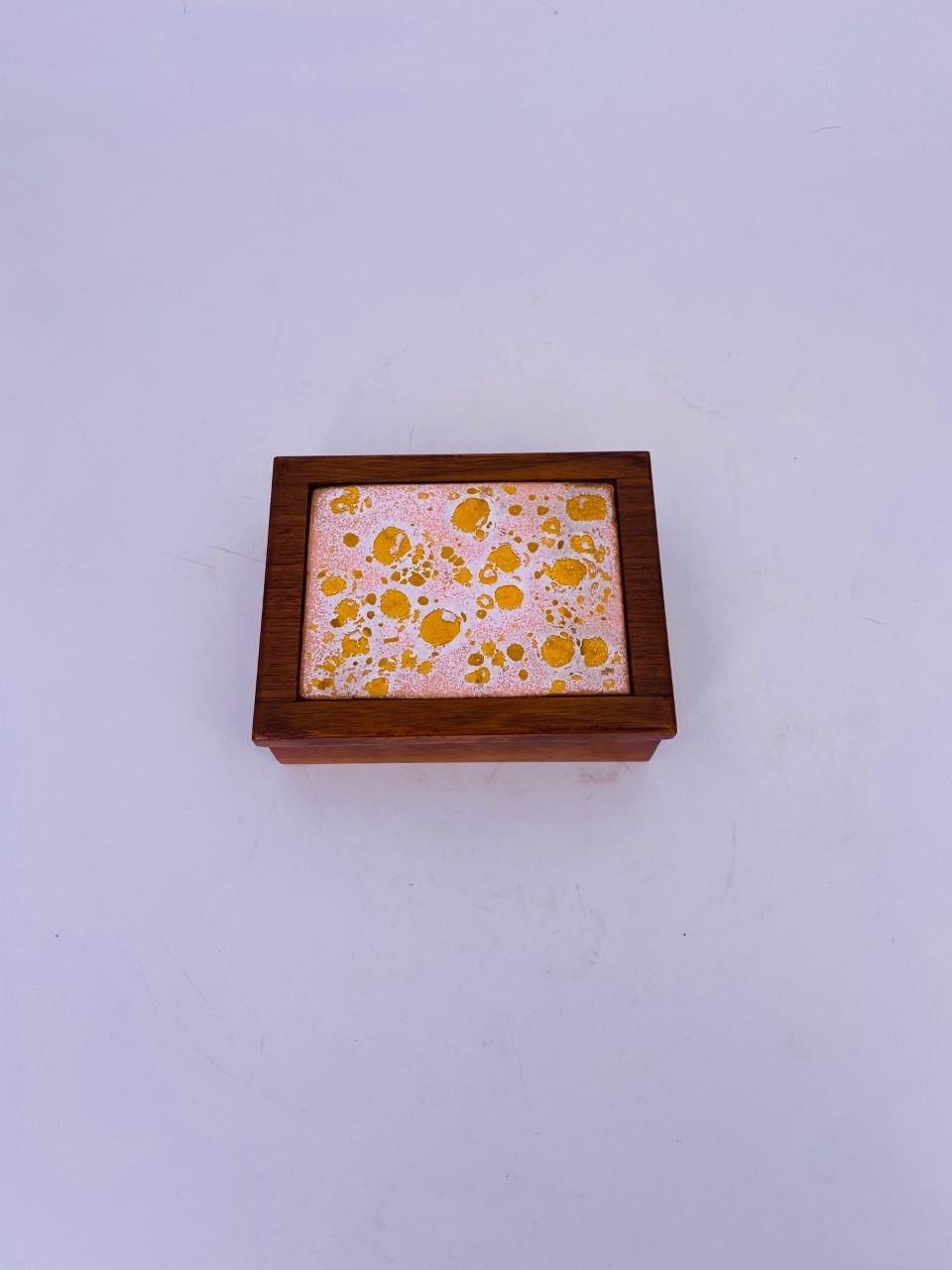 Bohemian Midcentury Walnut Trinket Box with Ceramic Inlay For Sale