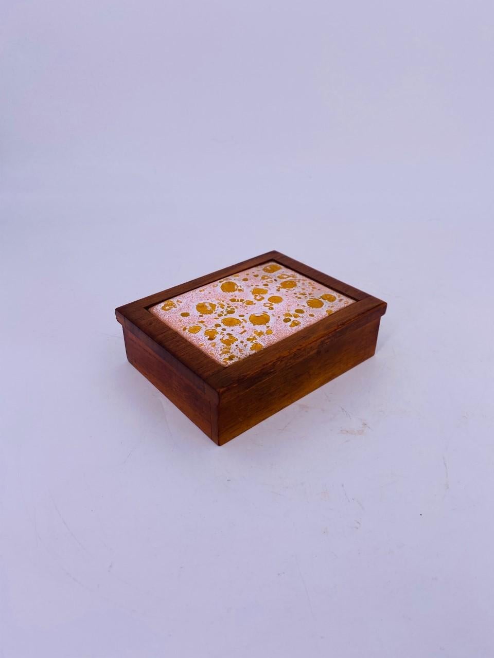 American Midcentury Walnut Trinket Box with Ceramic Inlay For Sale