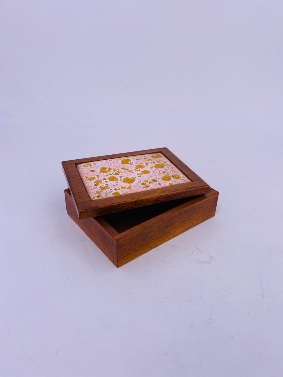 Hand-Crafted Midcentury Walnut Trinket Box with Ceramic Inlay For Sale