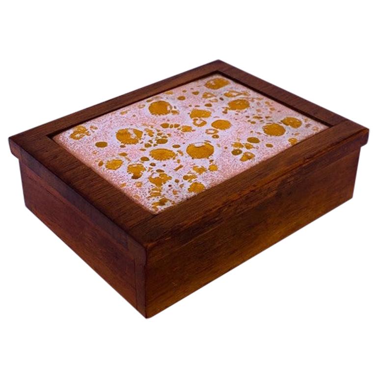 Midcentury Walnut Trinket Box with Ceramic Inlay For Sale