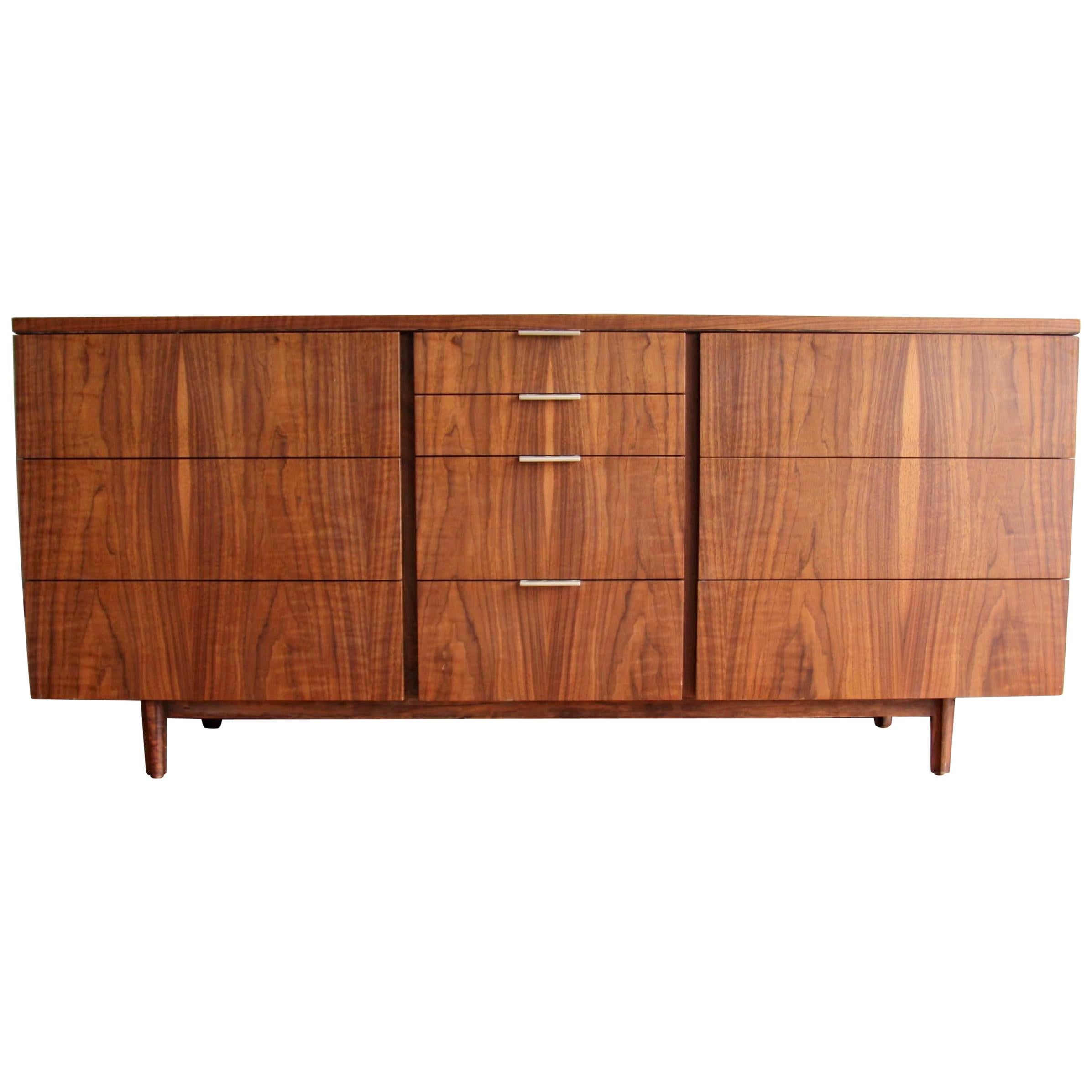 Mid Century Walnut Triple Dresser by John Stuart for Johnson Furniture Co