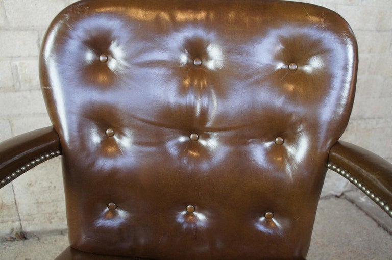 Midcentury Walnut Tufted Brown Leather Nailhead Library Desk Office Armchair 6