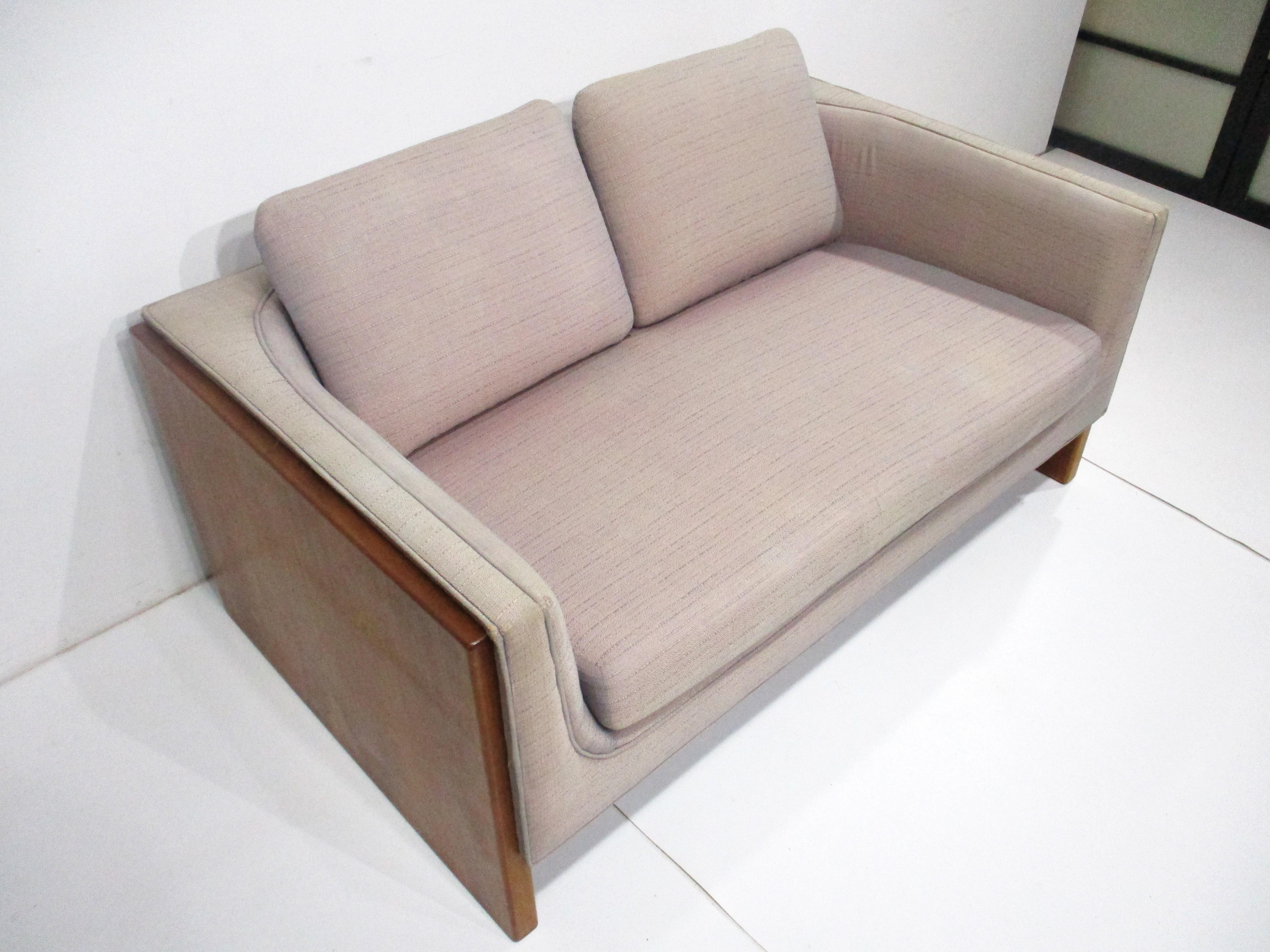 Upholstery Mid Century Walnut Upholstered Loveseat in the style of Milo Baughman 