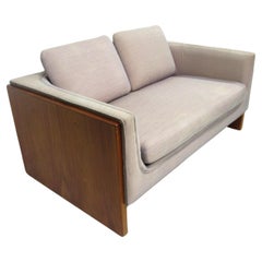 Vintage Mid Century Walnut Upholstered Loveseat in the style of Milo Baughman 