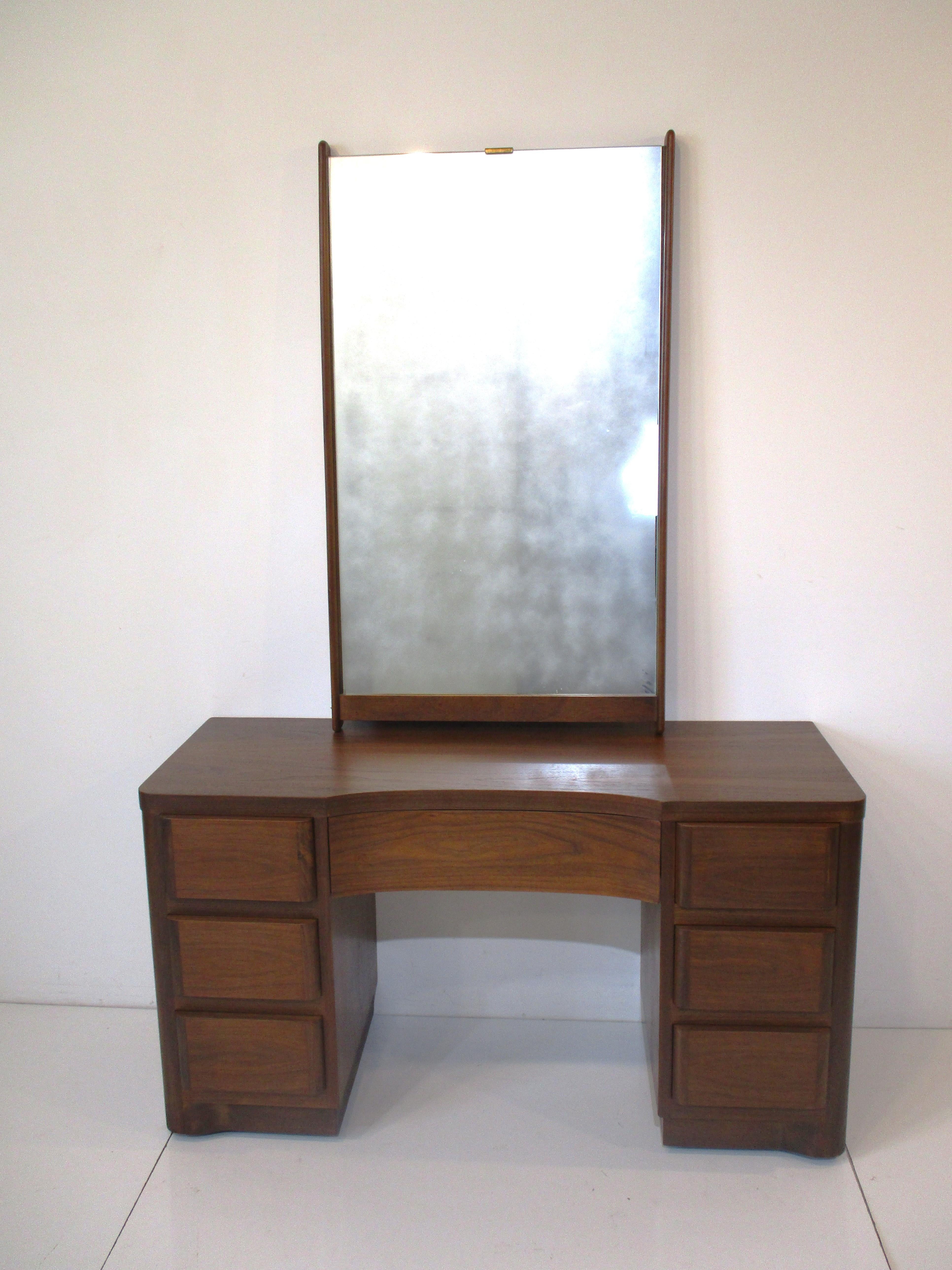 20th Century Midcentury Walnut Vanity with Mirror For Sale