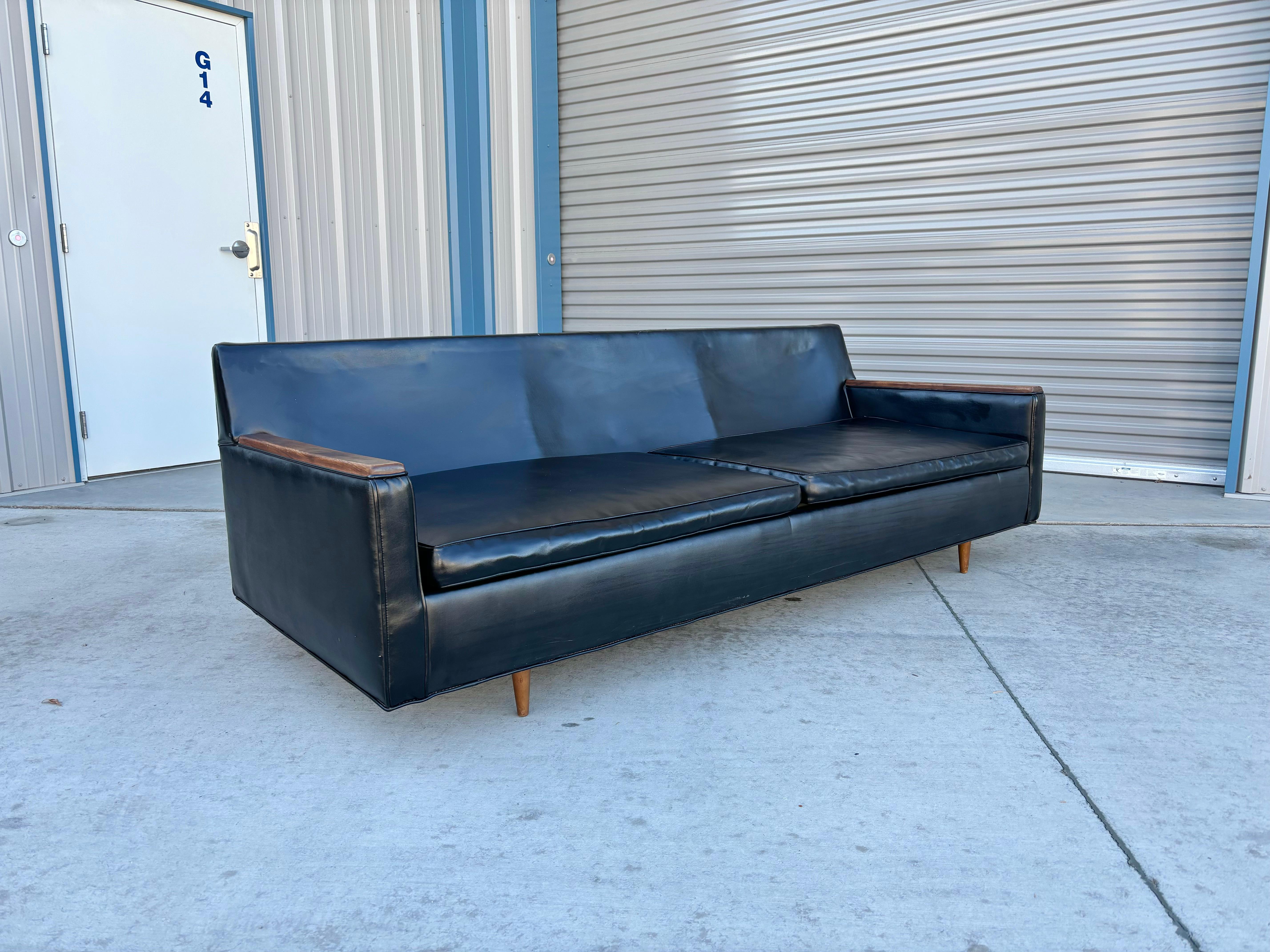 Mid Century Walnut & Vinyl Sofa For Sale 3