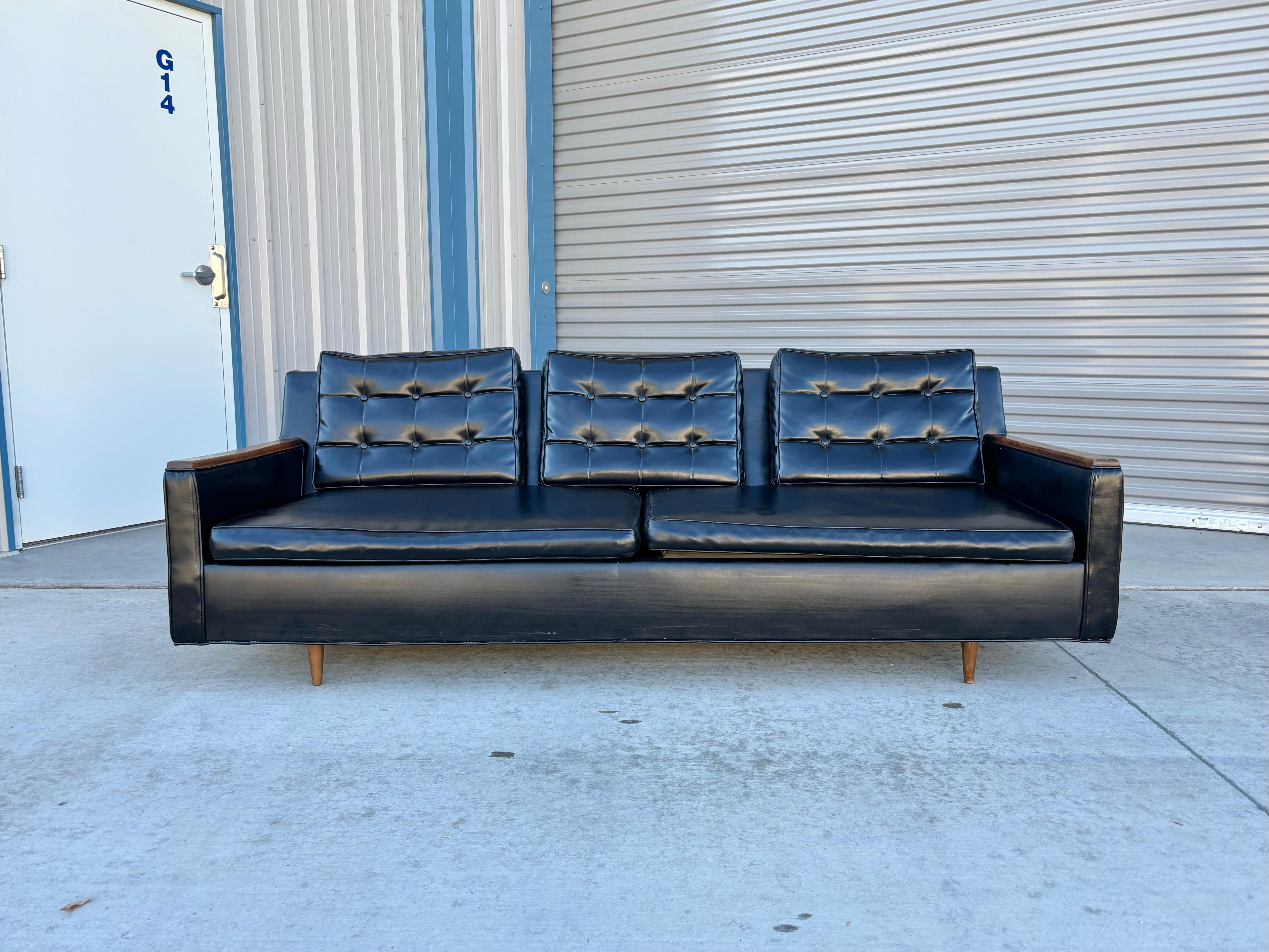 Mid-Century Modern Mid Century Walnut & Vinyl Sofa For Sale