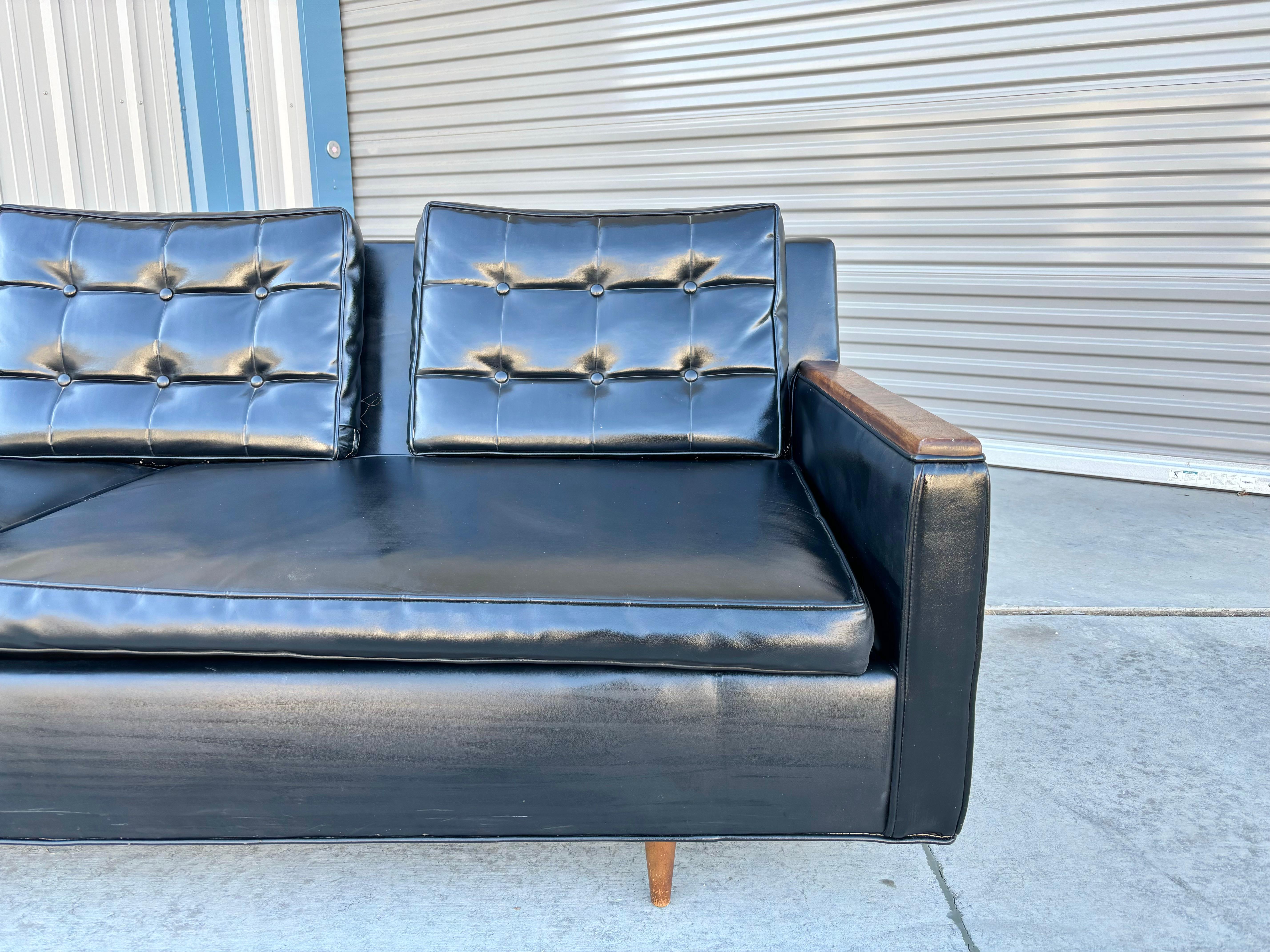 Late 20th Century Mid Century Walnut & Vinyl Sofa For Sale