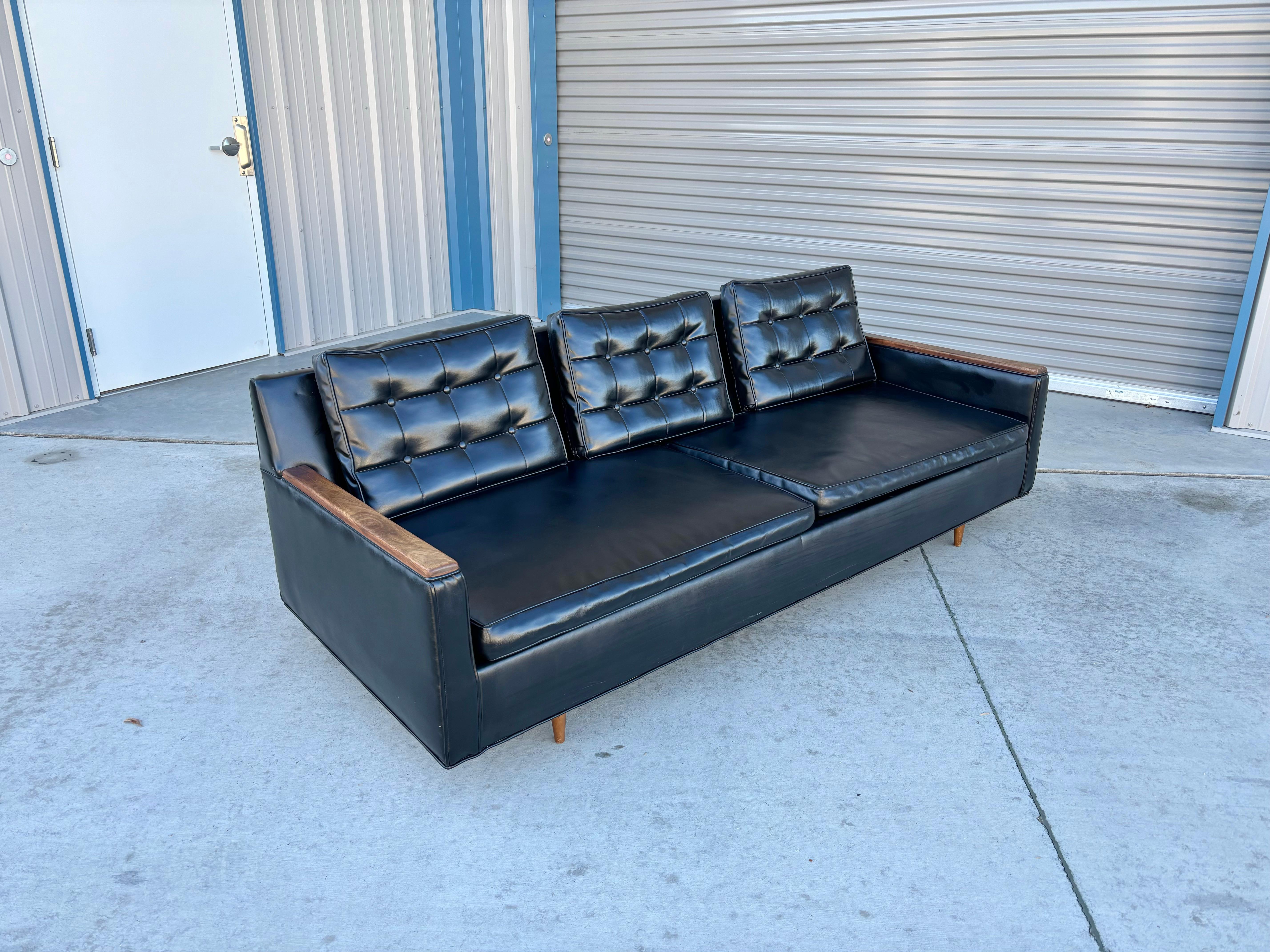 Faux Leather Mid Century Walnut & Vinyl Sofa For Sale