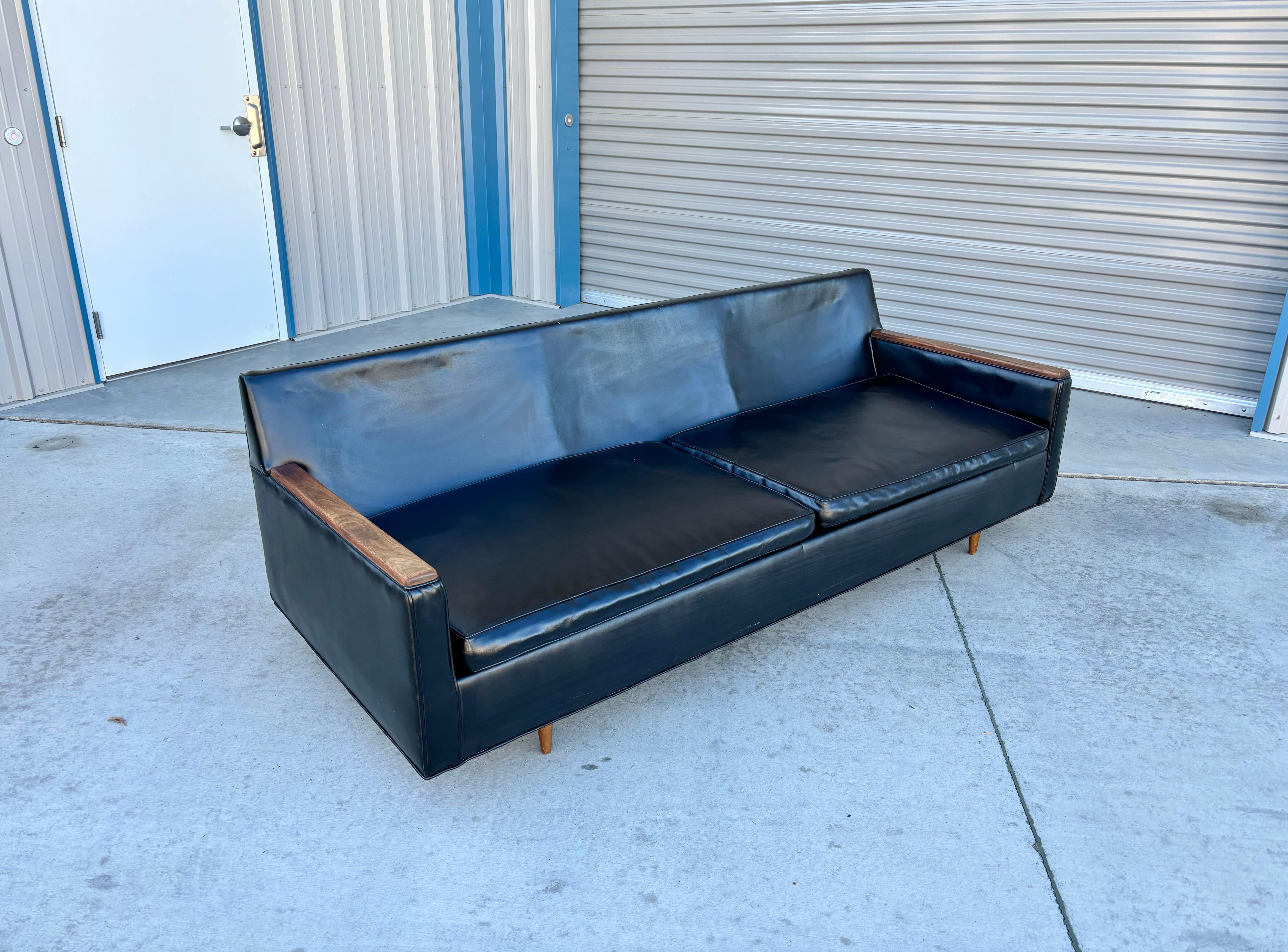 Mid Century Walnut & Vinyl Sofa For Sale 2