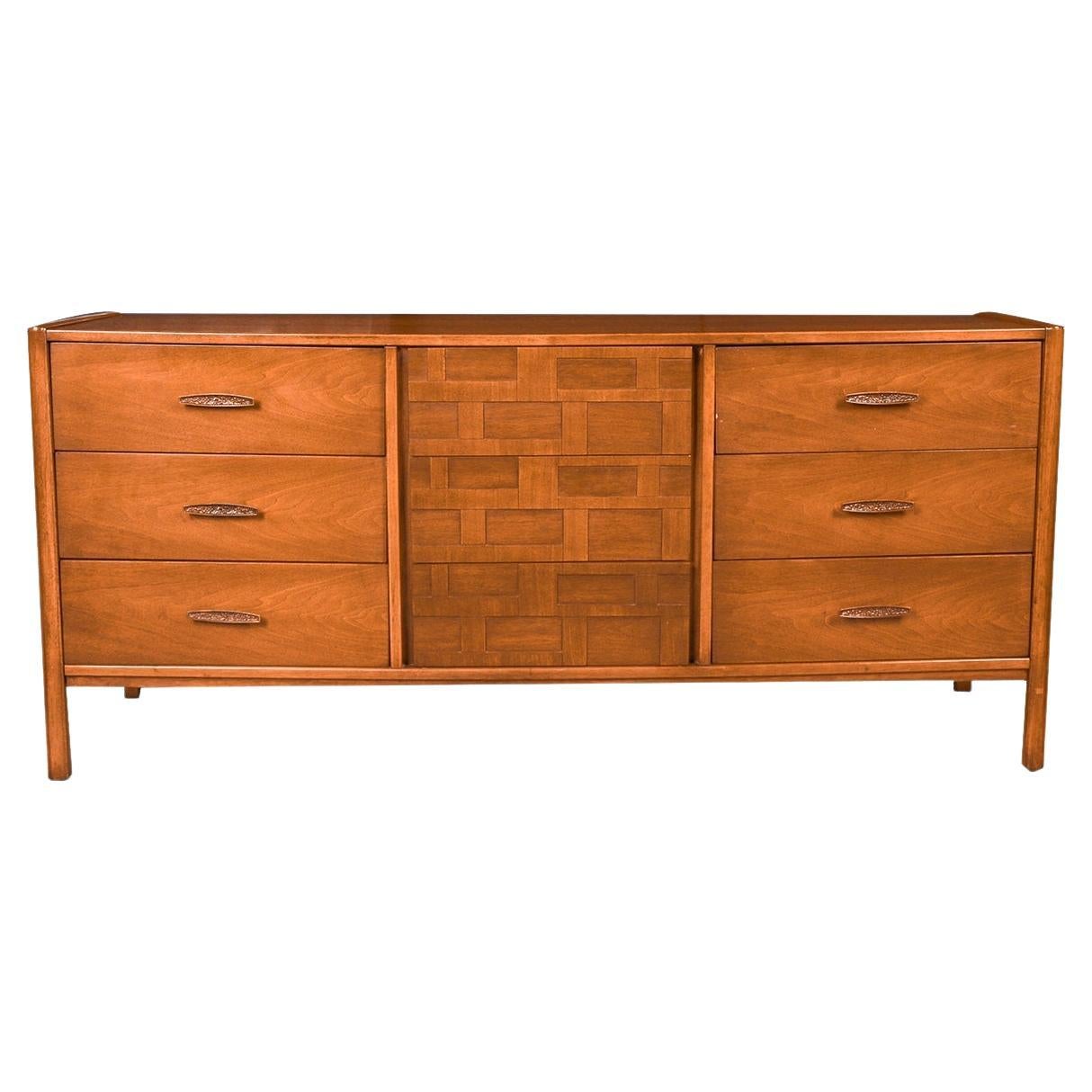 Mid-Century Walnut Weave Pattern Long Dresser For Sale