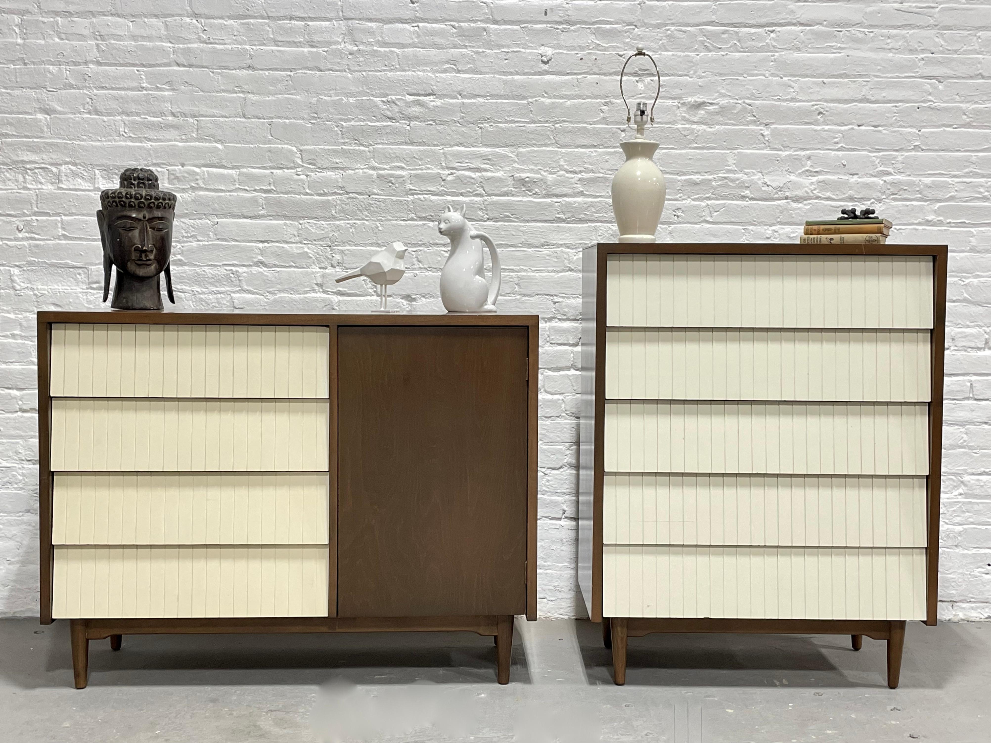 Mid-Century Modern Walnut + White Bedroom Set / Dresser by Lawrence Peabody for Child Craft, c. 1960s. Tall dresser consists of five deep and spacious drawers offering plenty of storage space. WIder dresser offers one side one side with 4 deep and