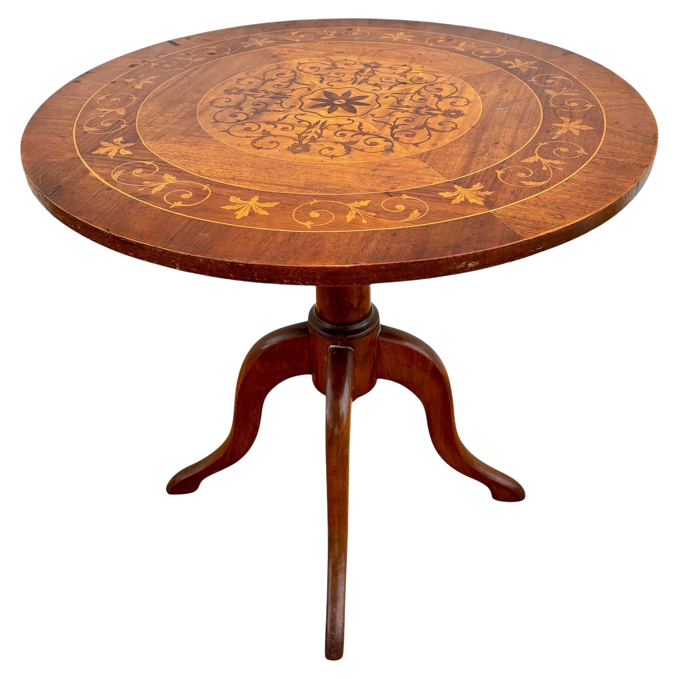 Mid Century Walnut With Marquetry Round Side Table, 1950s