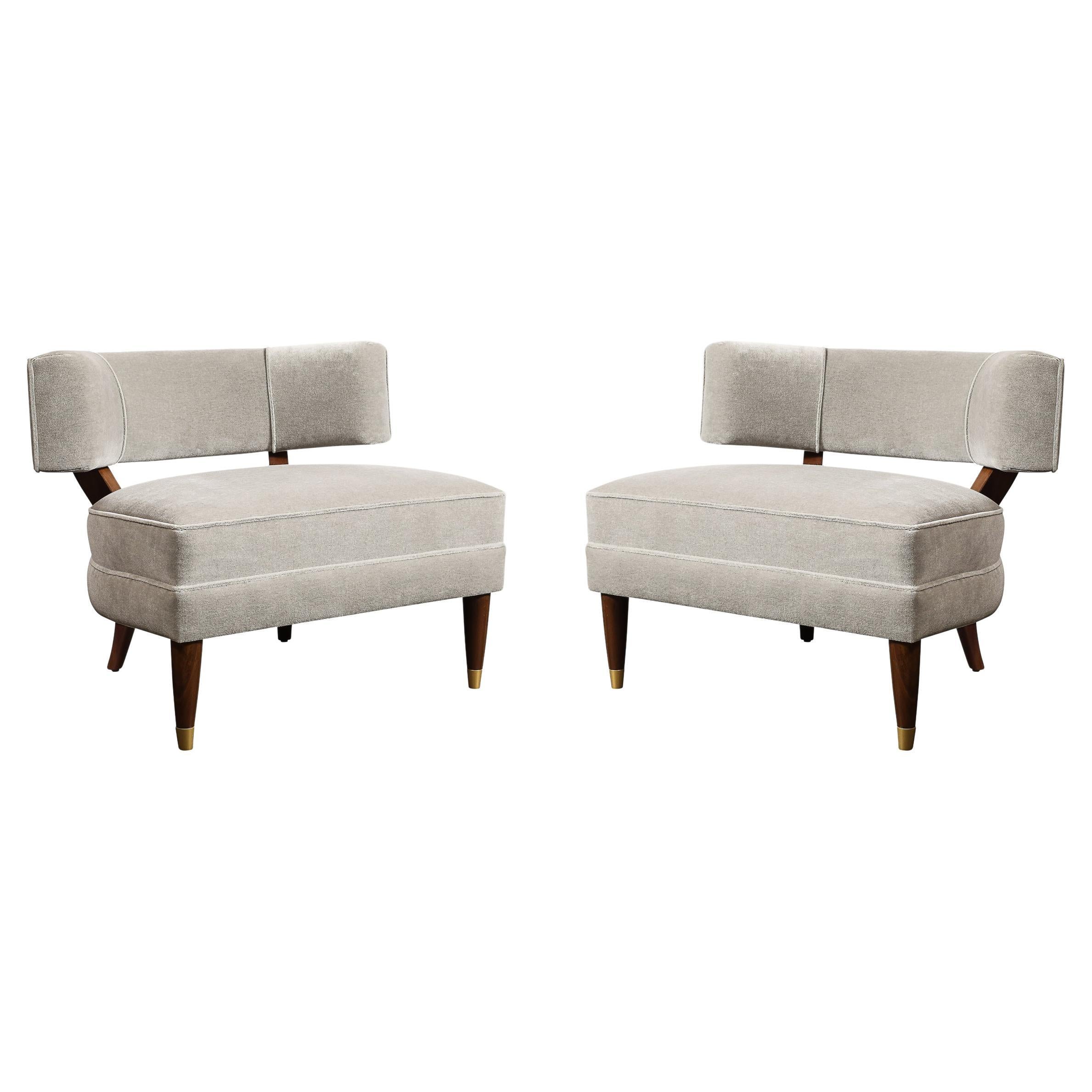 Mid-Century Walnut with Mist Gray Mohair & Brass Lounge Chairs by Billy Haines