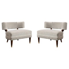 Mid-Century Walnut with Mist Gray Mohair & Brass Lounge Chairs by Billy Haines