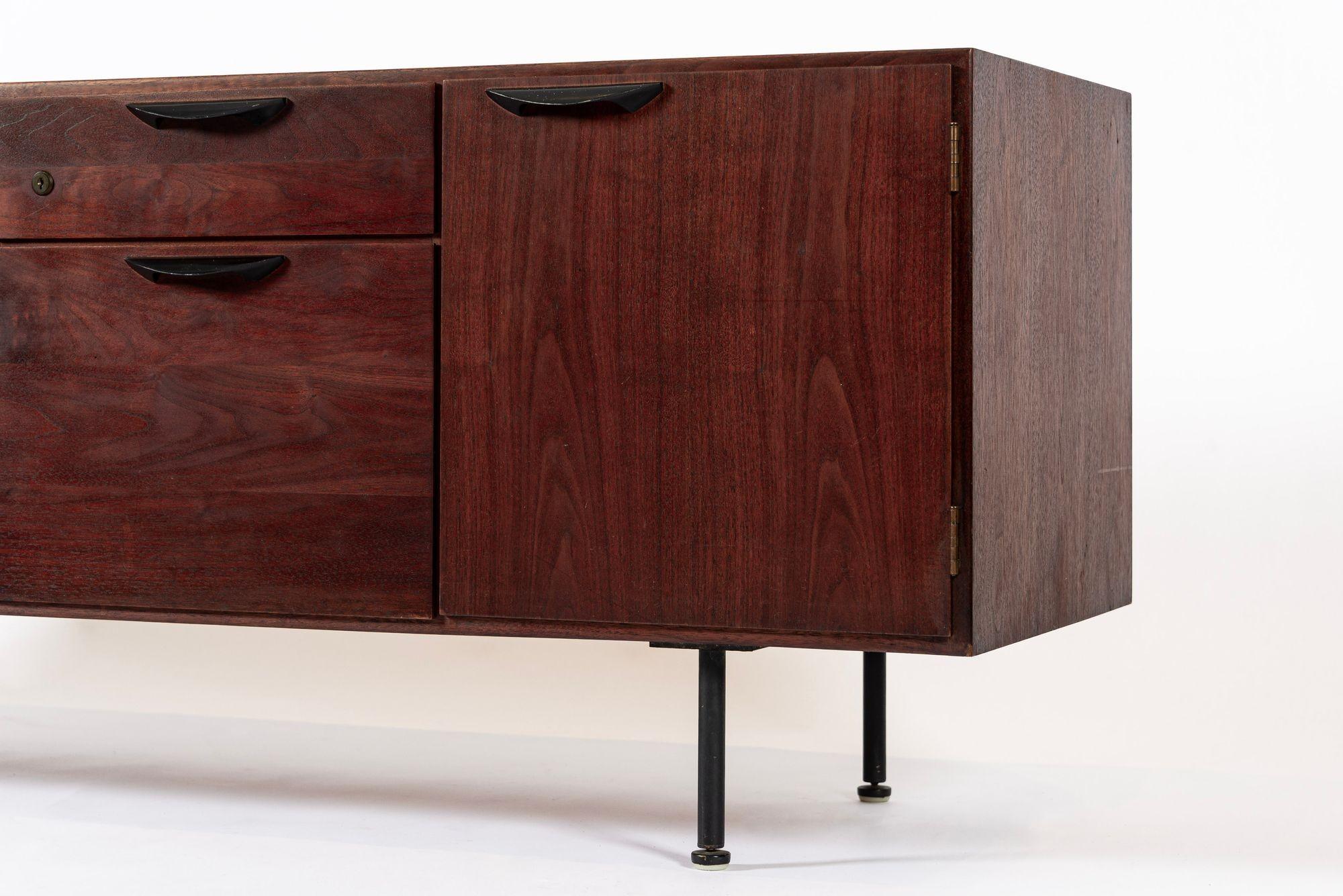 Metal Mid Century Walnut Wood File Cabinet Credenza by Jens Risom For Sale