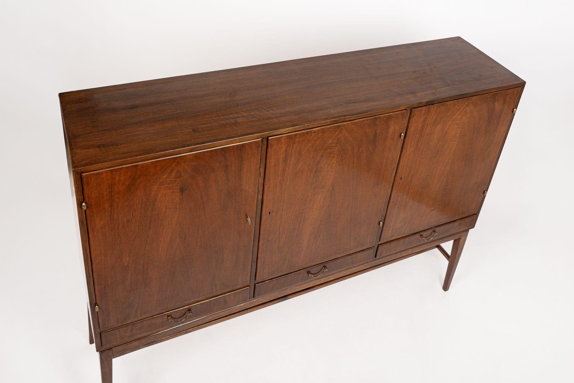 Danish Mid Century Walnut Wood High Cabinet Credenza or Sideboard For Sale