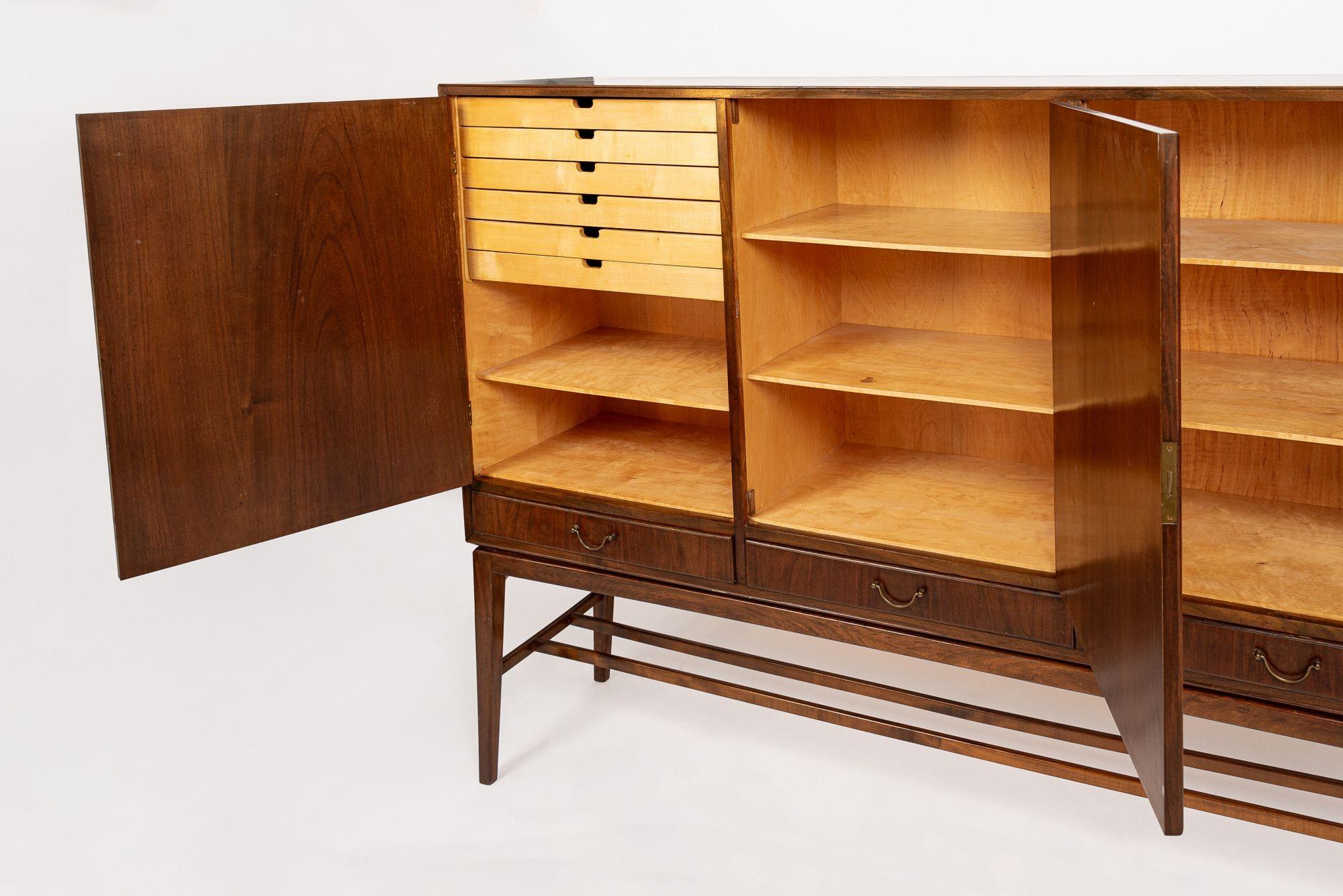 Brass Mid Century Walnut Wood High Cabinet Credenza or Sideboard For Sale