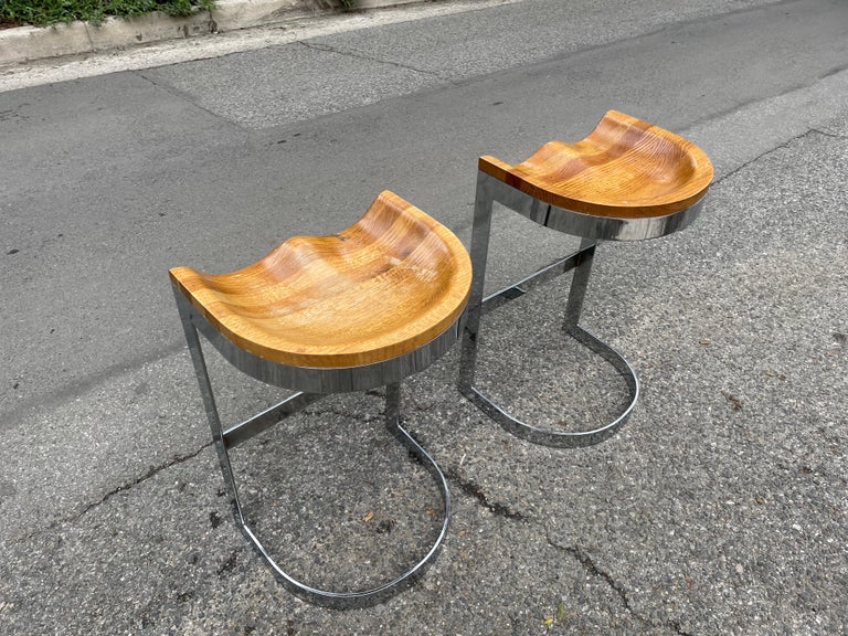 MidCentury Warren Bacon Chrome and Oak Bar Stools, Set of 2 For Sale