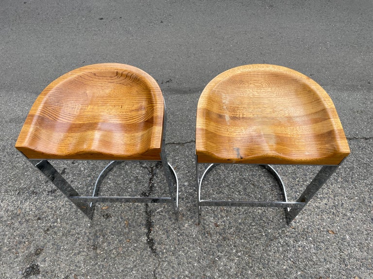 MidCentury Warren Bacon Chrome and Oak Bar Stools, Set of 2 For Sale