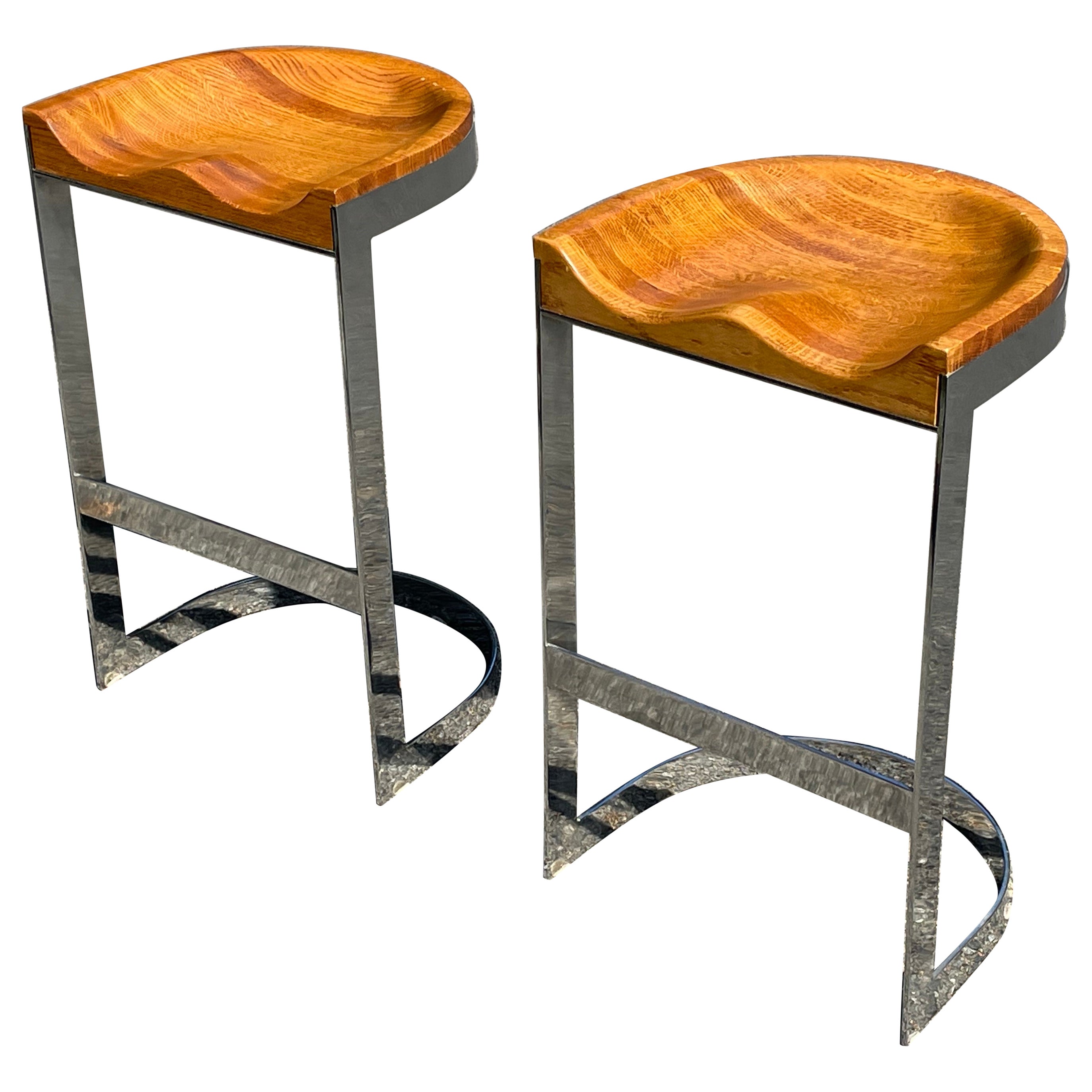 Mid-Century Warren Bacon Chrome & Oak Bar Stools, Set of 2