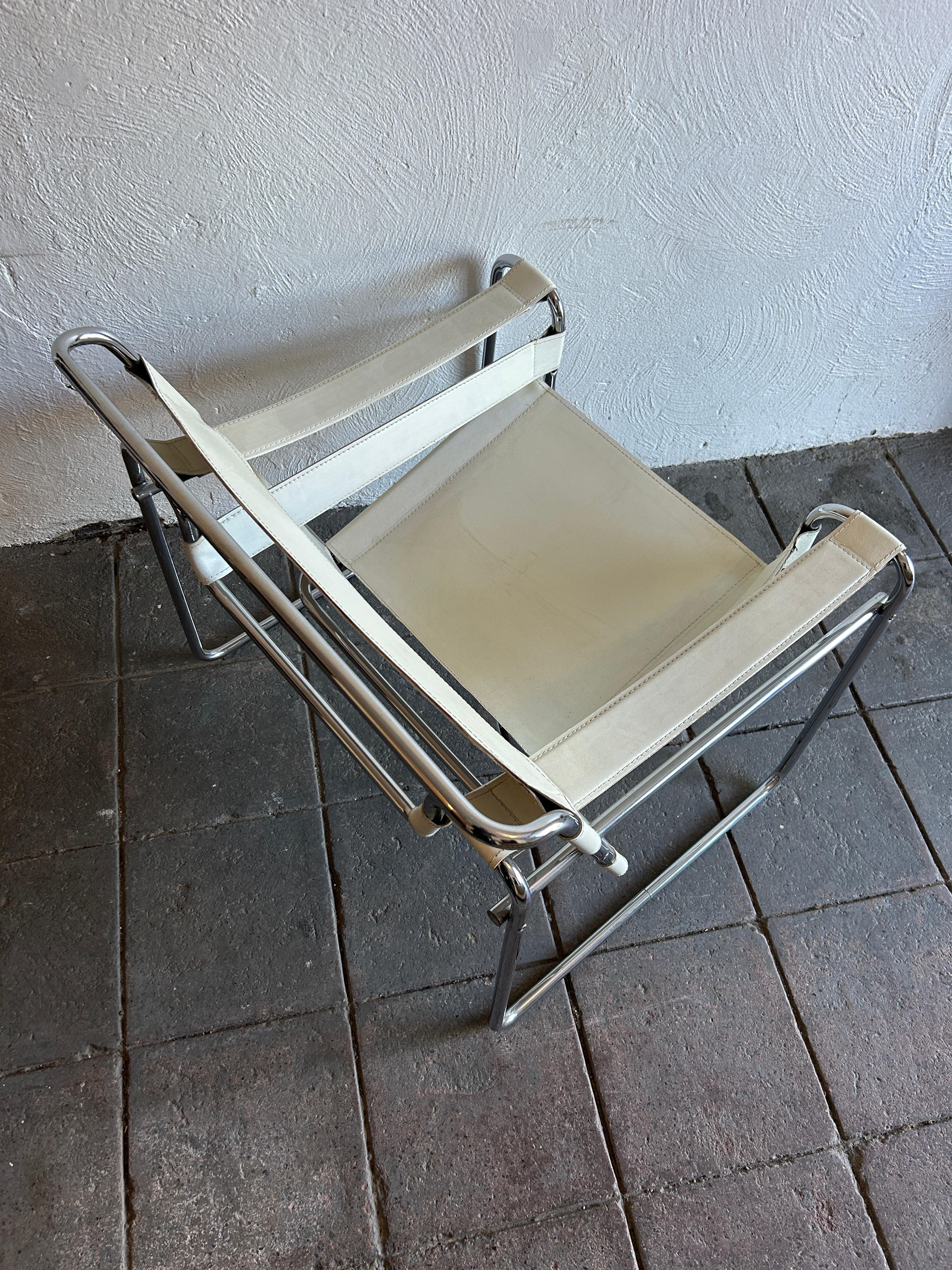 Leather Mid century Wassily Chair white leather chrome style of knoll For Sale