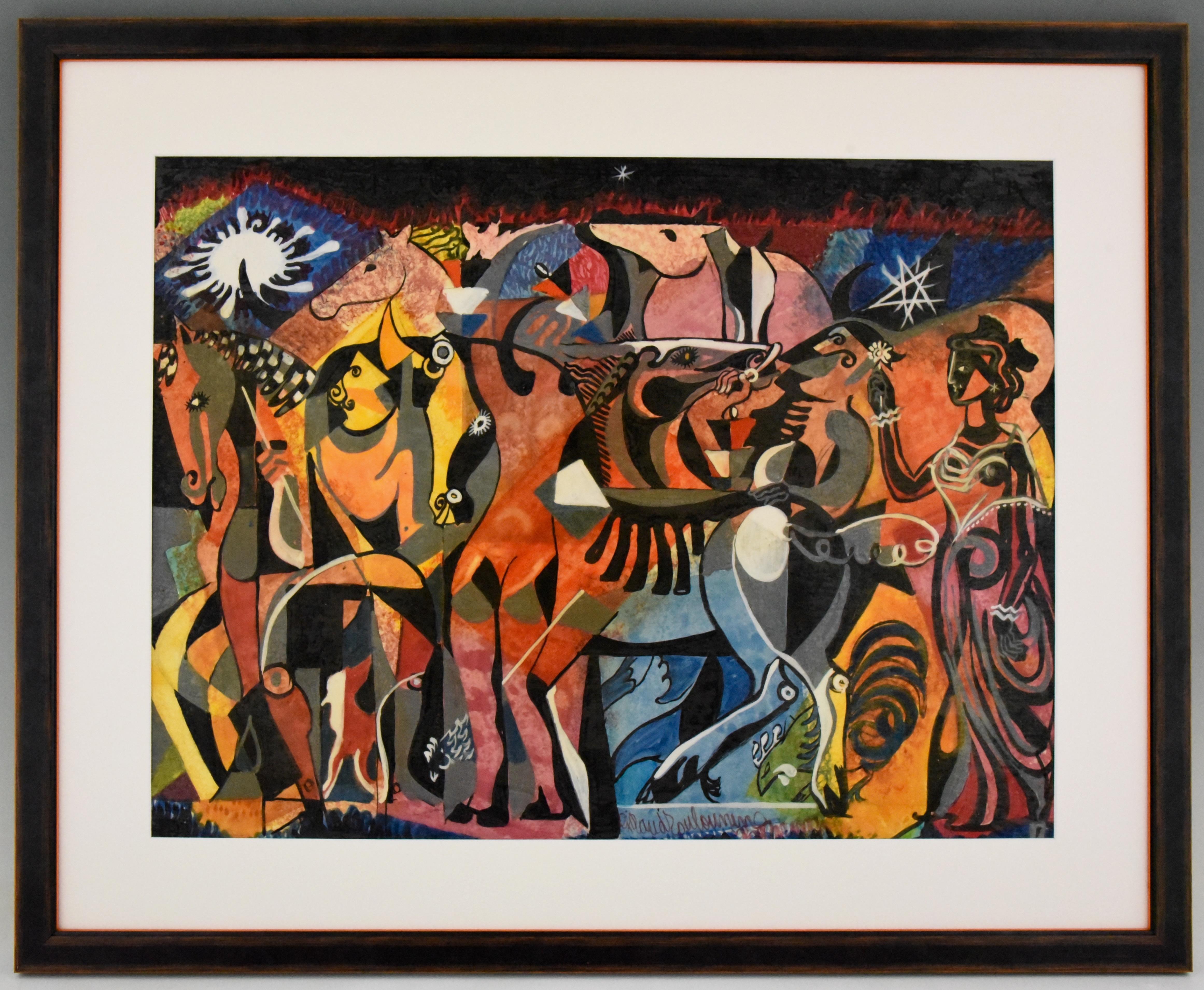 Colorful circus scene with horses, male and female figures.
Mid Century watercolor painting by Louis Giraud, circa 1960. 
Size of the frame: 
H. 66 cm x L. 81.5 cm. 
H. 26 inch x L. 32 inch. 
Size of the work: 
H. 48 cm x L. 63 cm. 
H. 18.9