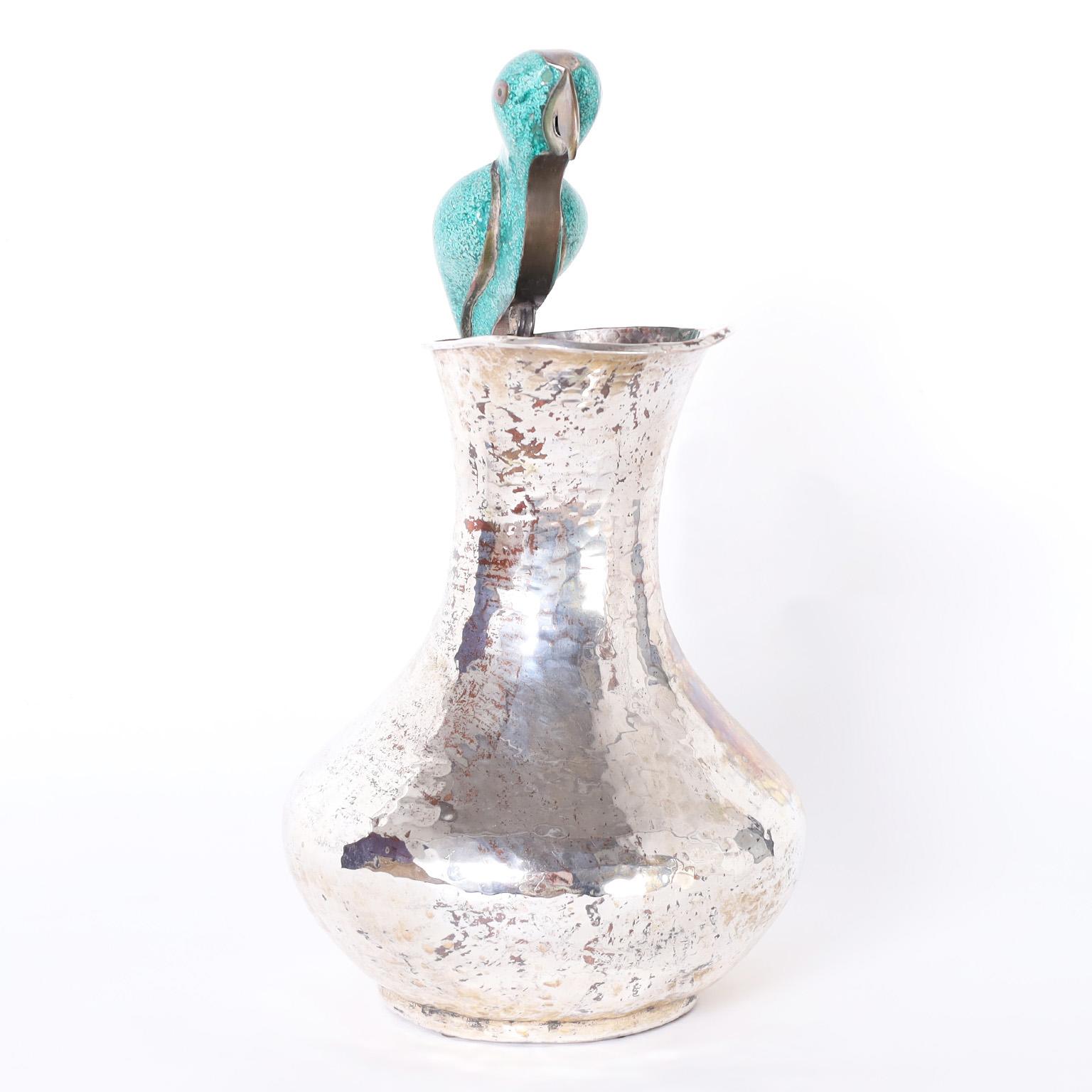 Hammered Mid-Century Water Pitcher with Parrot Handle