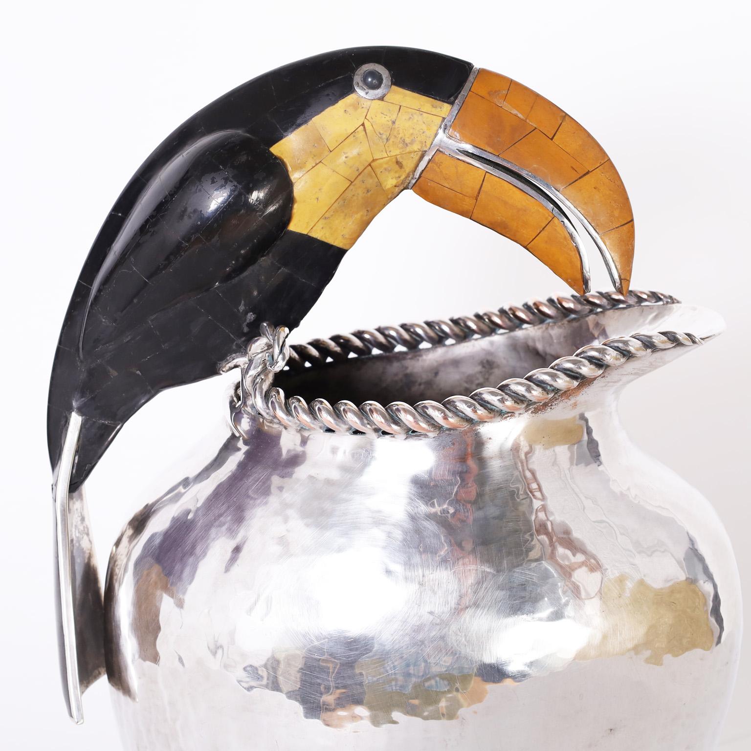 Hammered Mid Century Water Pitcher with Toucan Bird