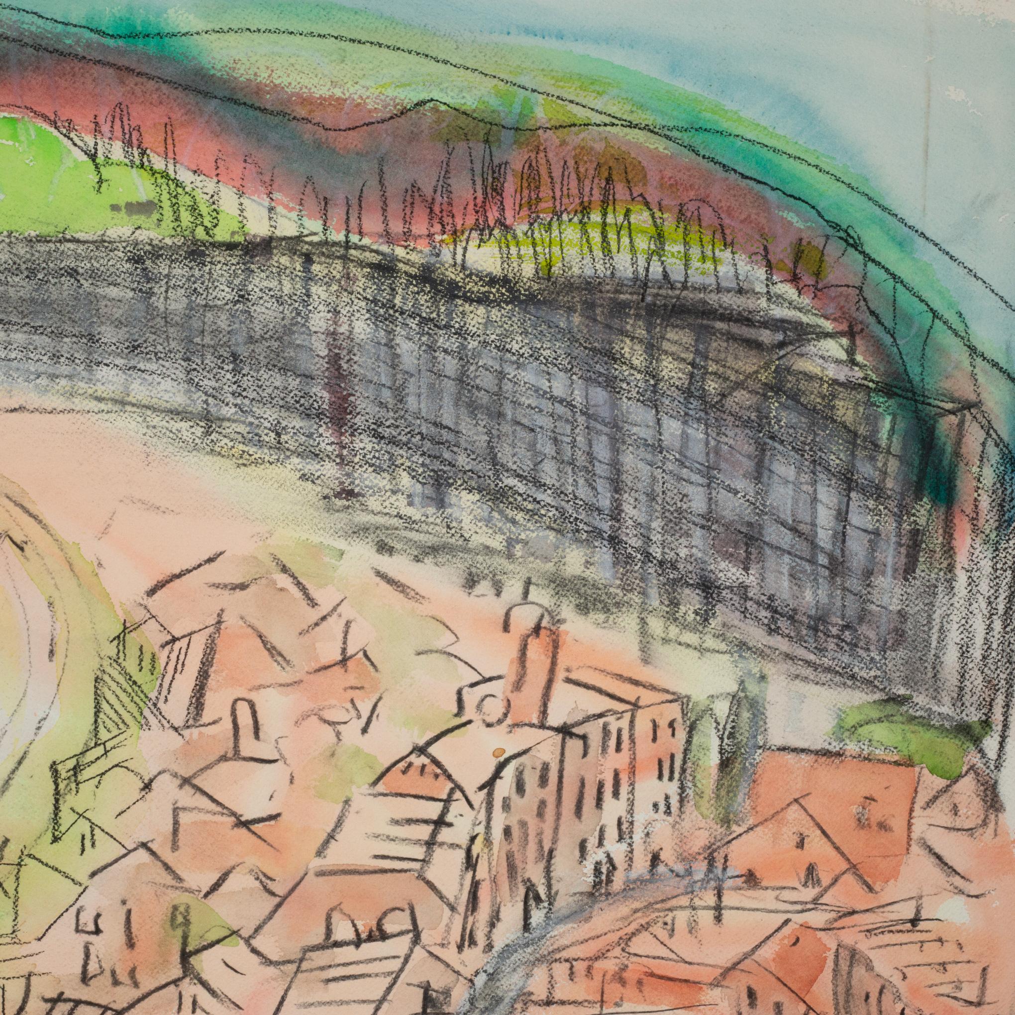 ÜBER
Ein Original-Aquarell und Kohle aus der Mitte des Jahrhunderts auf Papier. Das Werk zeigt eine Stadt am Meer, die an einer Bucht liegt.  Der Stil ist abstrakt und die Palette besteht aus Pastellfarben. Das Werk ist vom Künstler signiert. 
- • 