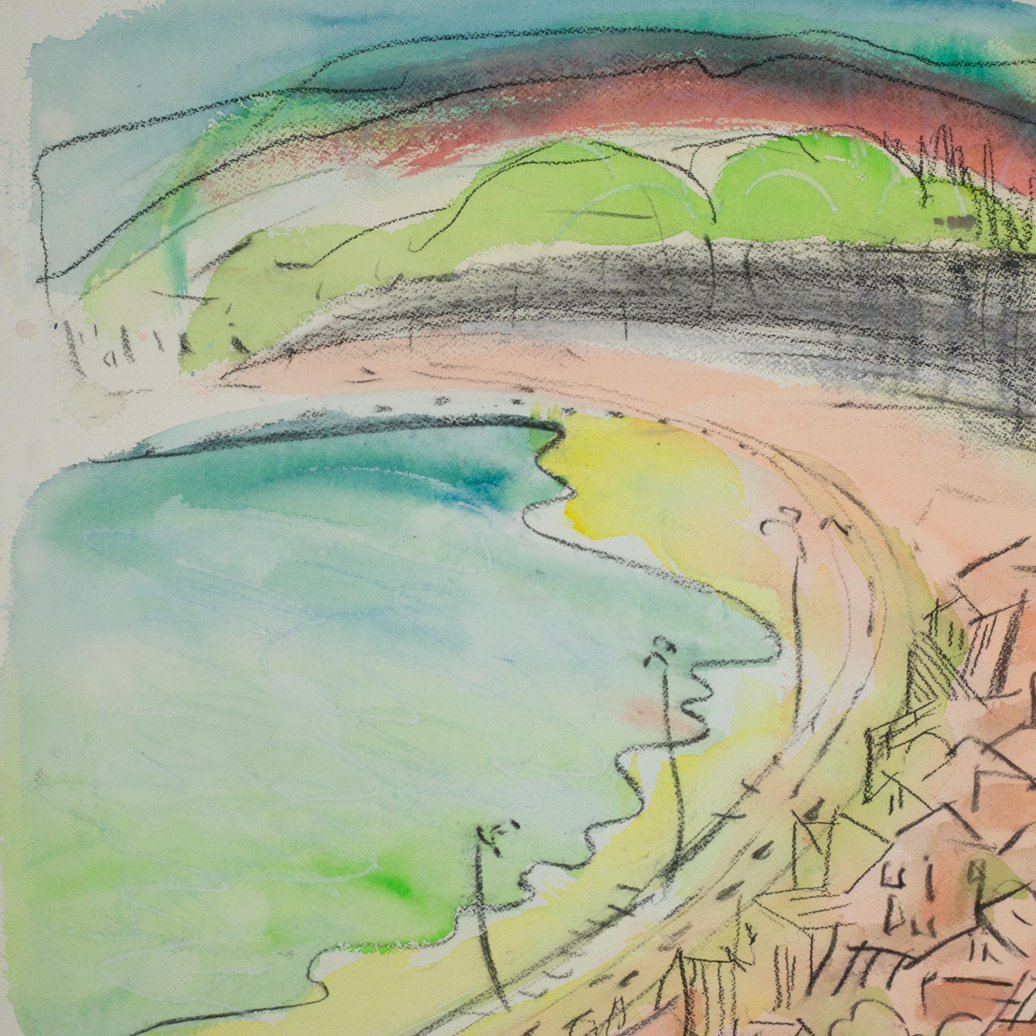 Aquarell- und Holzkohle-Kunstwerk aus der Mitte des Jahrhunderts, Stadt von Bay, signiert, ca. 1960 (Moderne der Mitte des Jahrhunderts) im Angebot