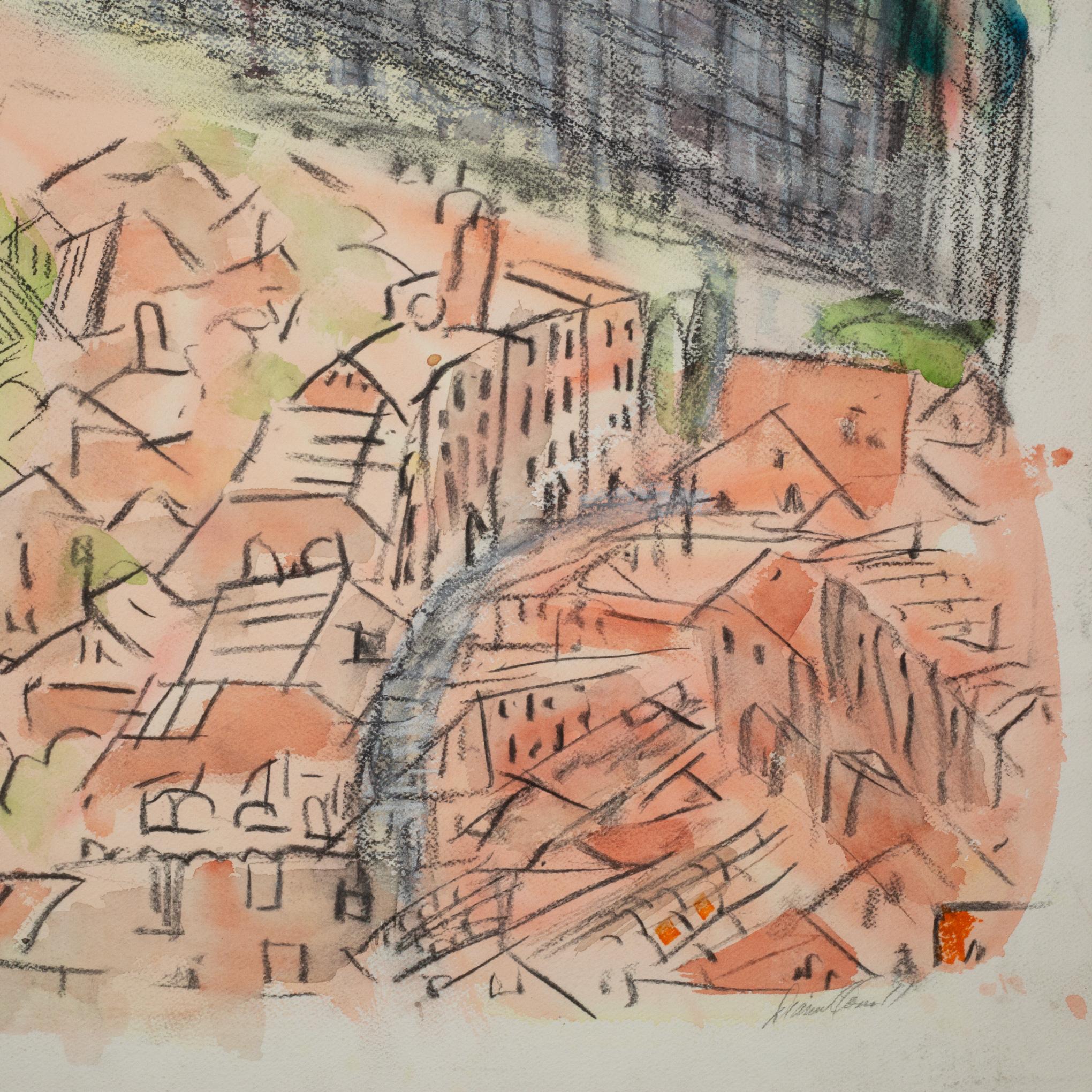 Aquarell- und Holzkohle-Kunstwerk aus der Mitte des Jahrhunderts, Stadt von Bay, signiert, ca. 1960 (amerikanisch) im Angebot