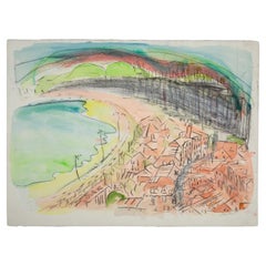 Mid-Century Watercolor and Charcoal Artwork, Town by Bay, Signed, c.1960